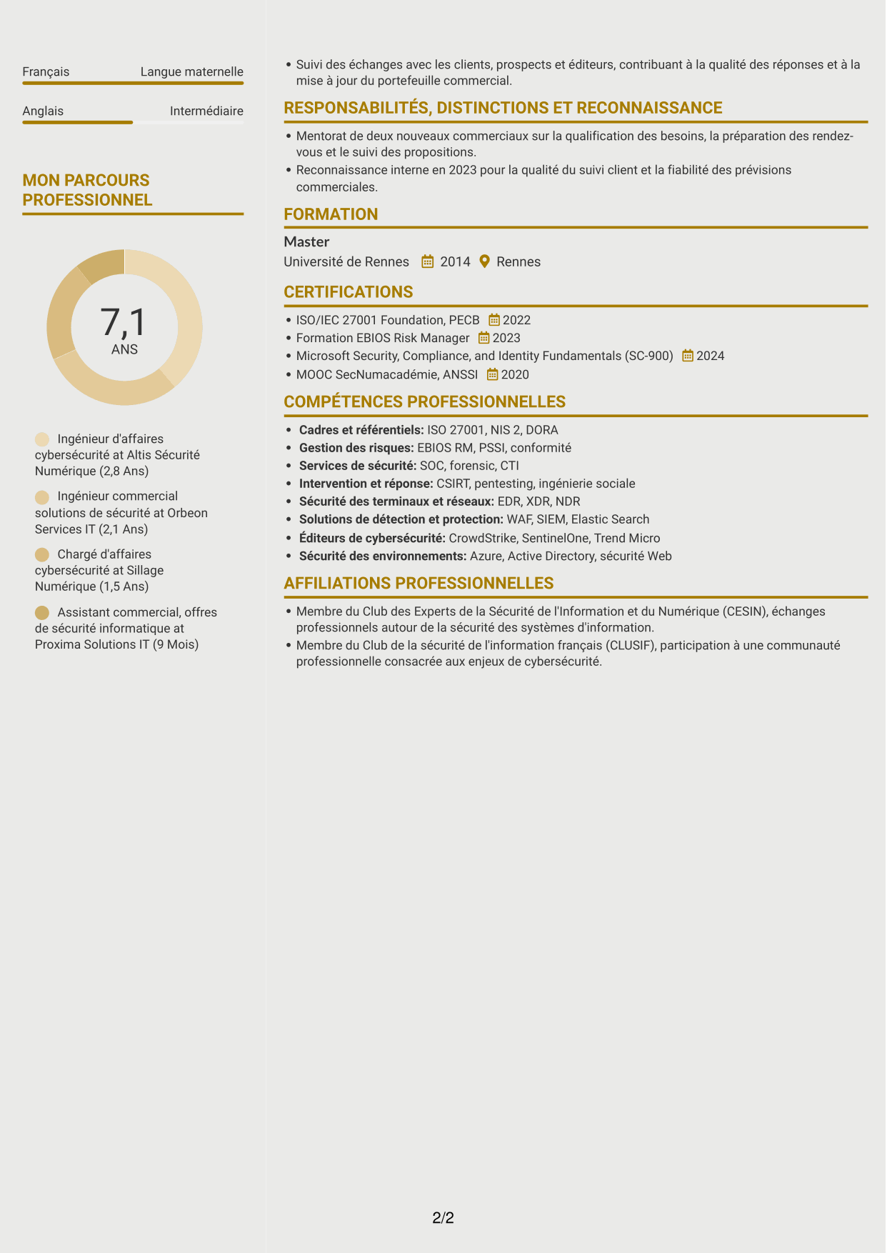 CV Dynamique (format à deux colonnes avec icônes) : Ingénieur d'Affaires - Cybersécurité, page 2