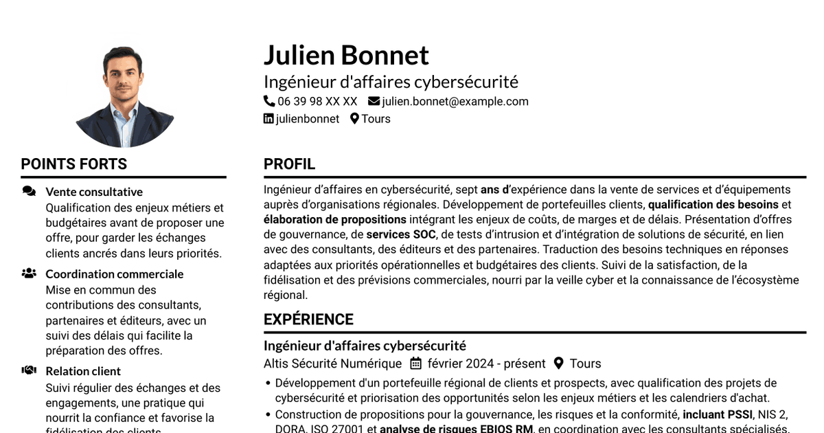 7 modèles de CV pour Ingénieur d'Affaires - Cybersécurité, avec exemples