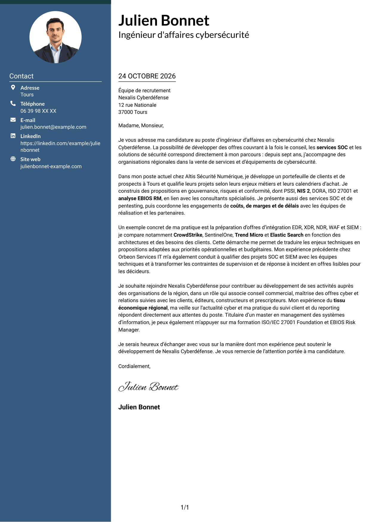 Lettre de motivation Élégant (format à colonne latérale colorée avec photo) : Ingénieur d'Affaires - Cybersécurité, page 1