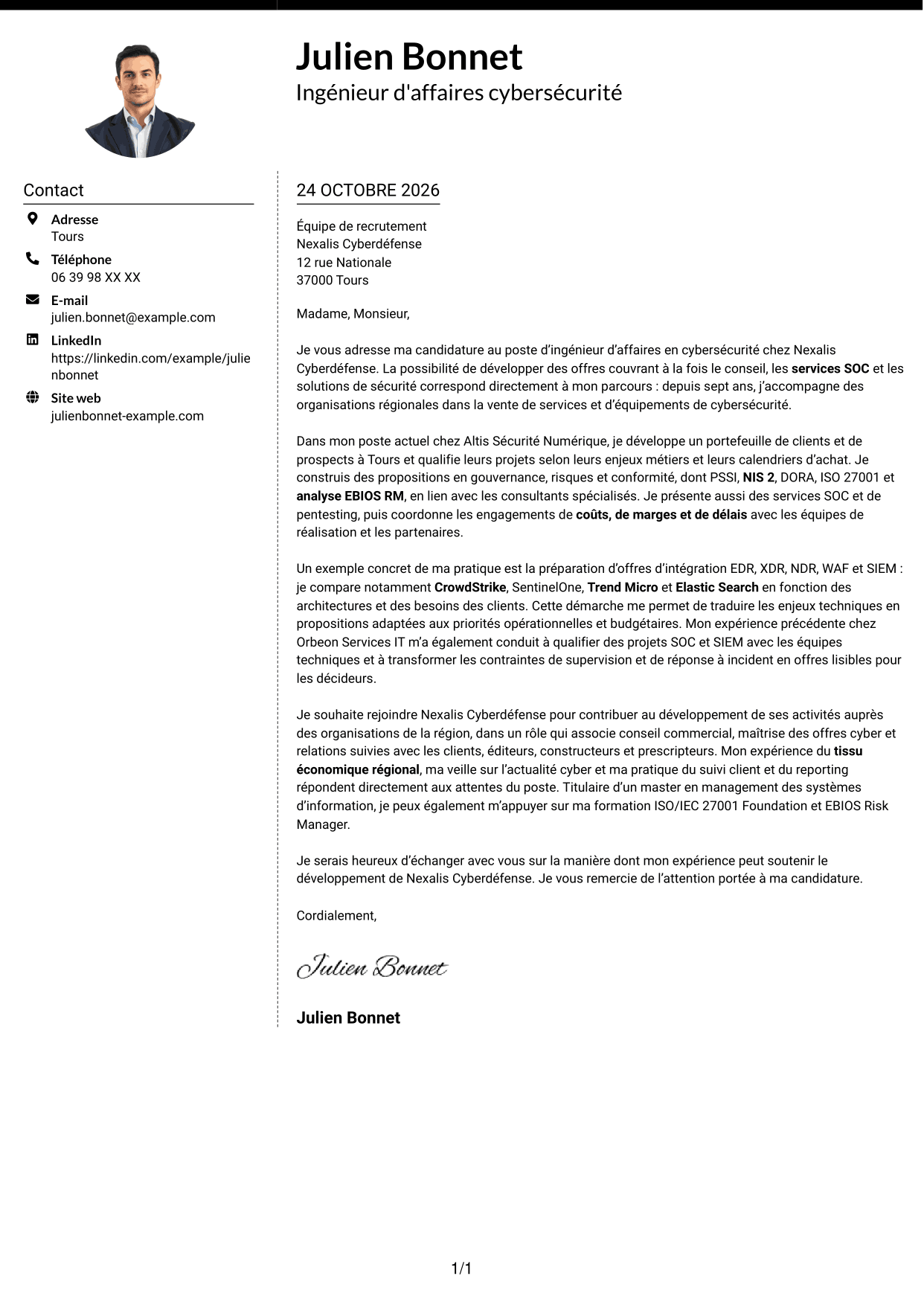 Lettre de motivation Moderne (format à deux colonnes avec photo à gauche et séparateur) : Ingénieur d'Affaires - Cybersécurité, page 1