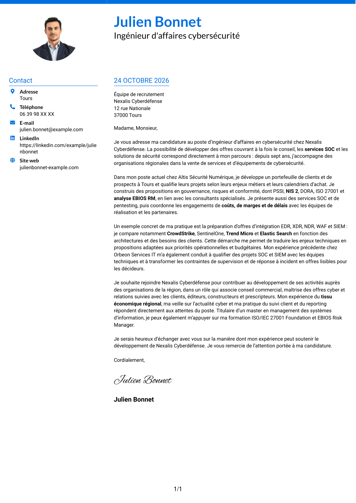 Lettre de motivation Audacieux (format à deux colonnes avec accents colorés et photo) : Ingénieur d'Affaires - Cybersécurité, page 1
