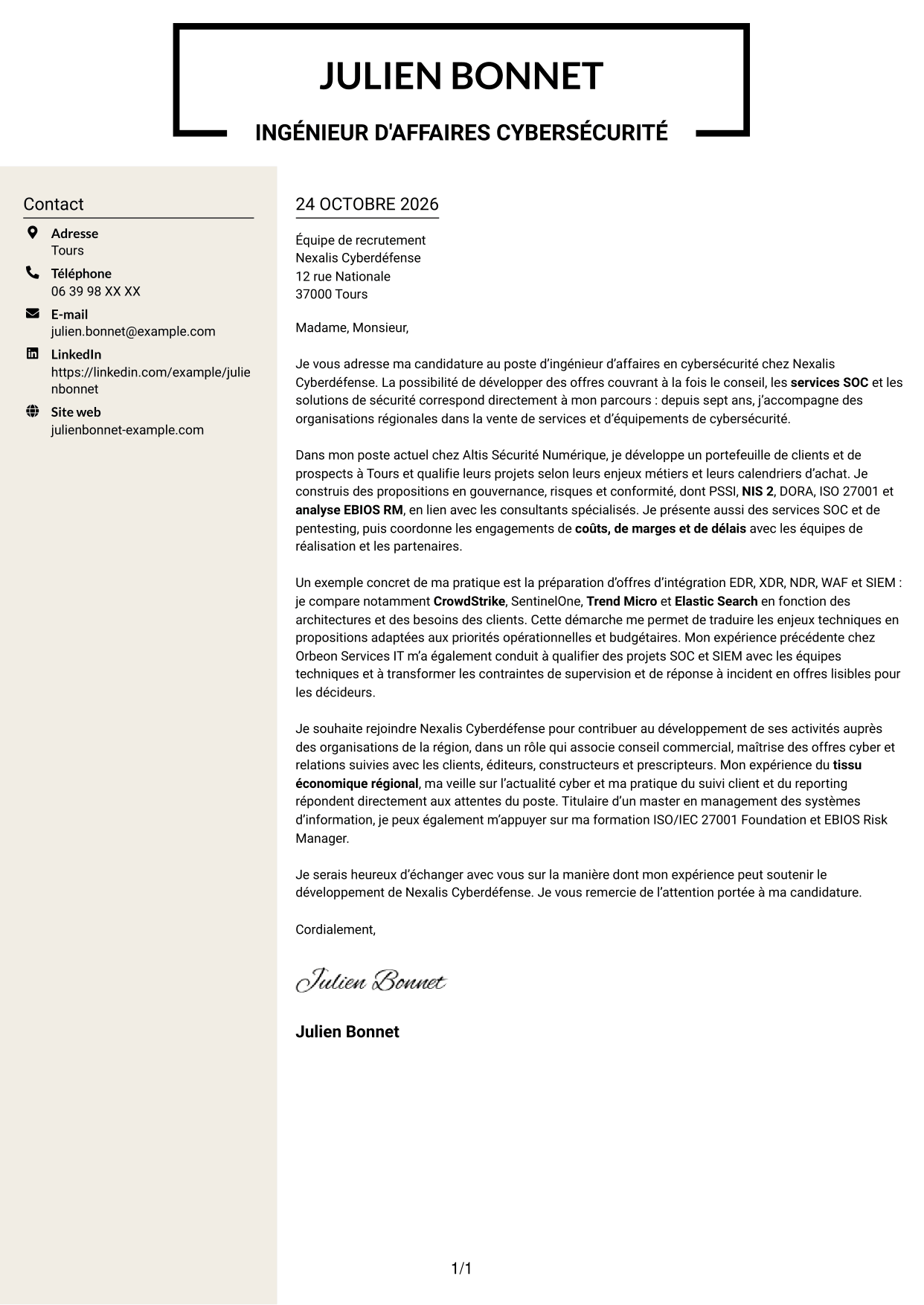 Lettre de motivation Fonceur (format à deux colonnes avec en-tête centré sans photo) : Ingénieur d'Affaires - Cybersécurité, page 1