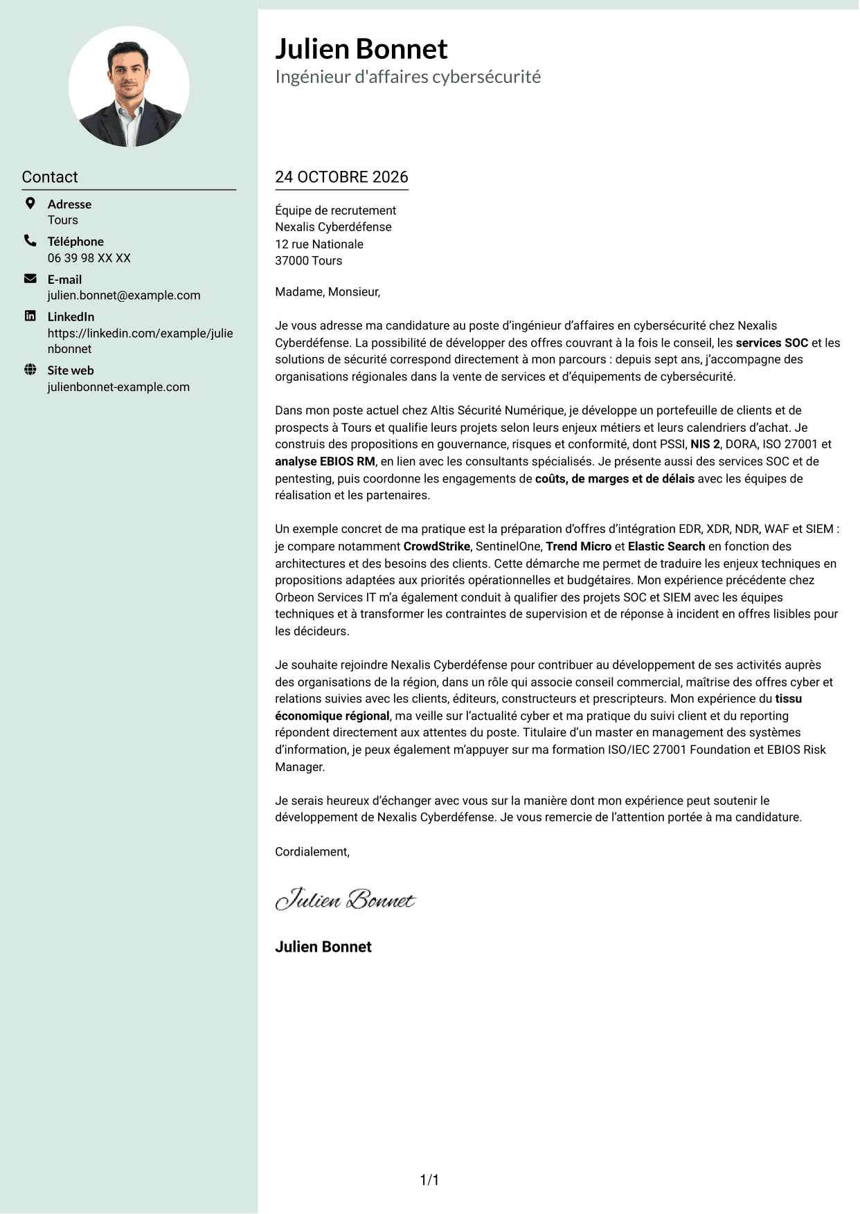 Lettre de motivation Cadre (format à colonne latérale douce avec photo arrondie) : Ingénieur d'Affaires - Cybersécurité, page 1