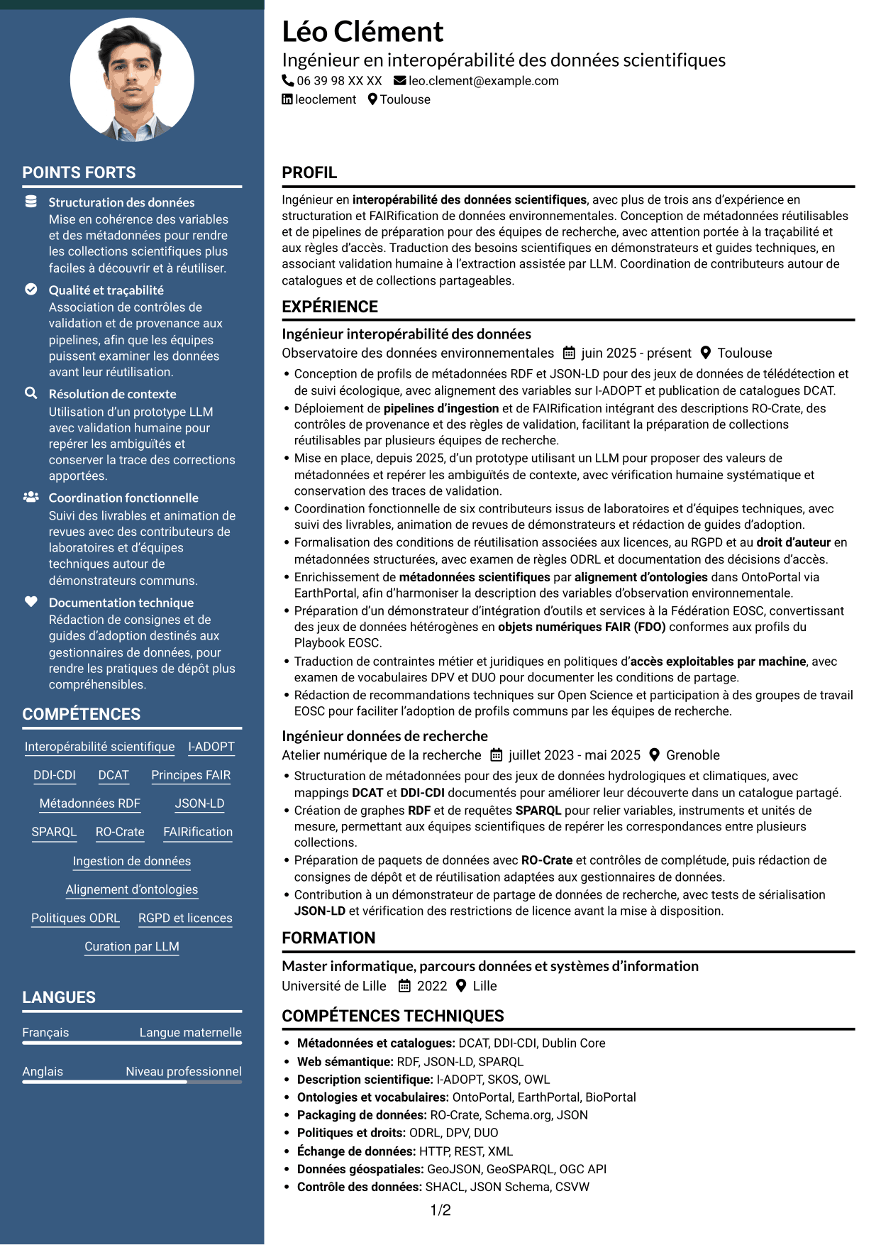CV Élégant (format à colonne latérale colorée avec photo) : Ingénieur de recherche - Interopérabilité des données scientifiques, page 1