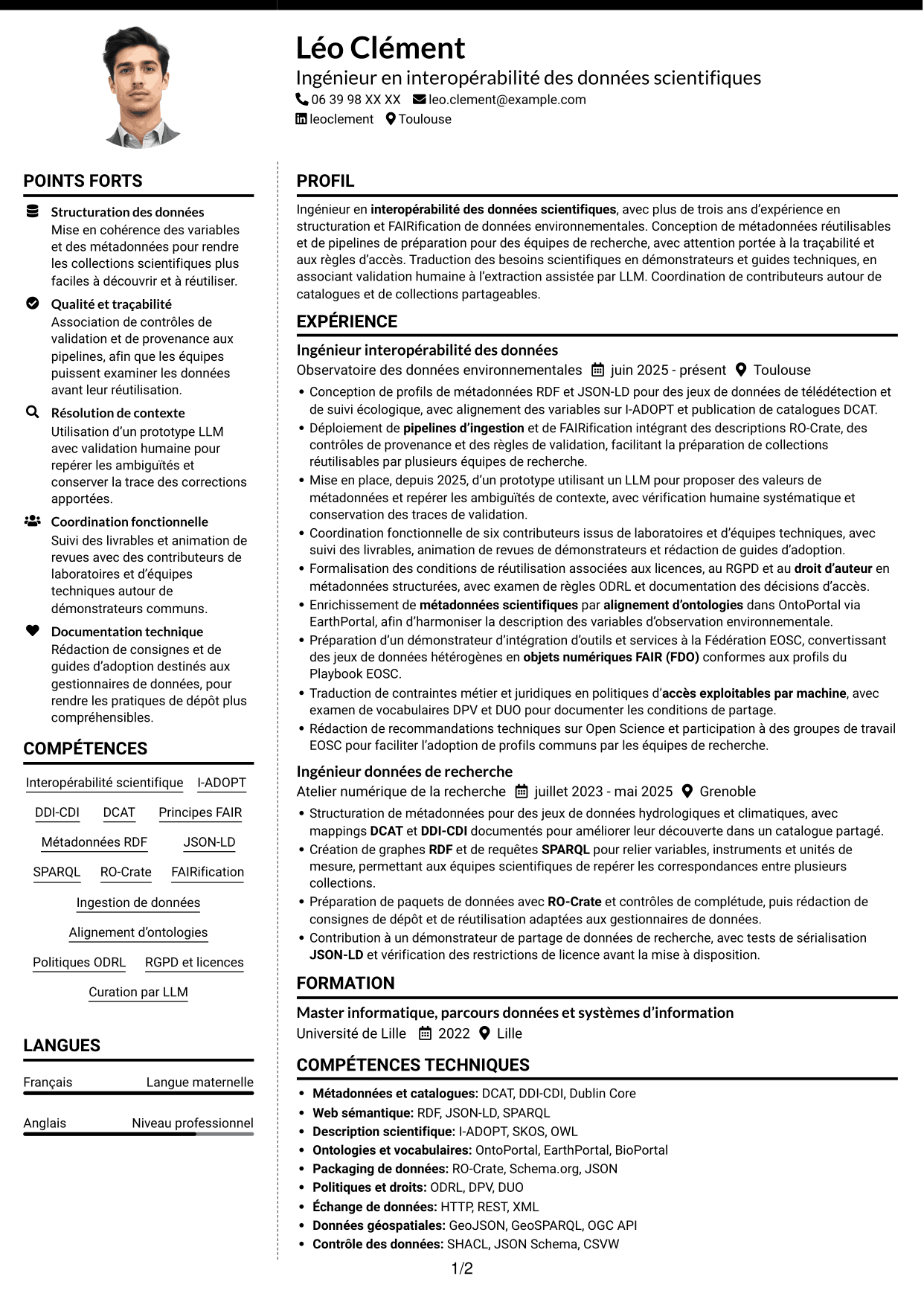 CV Moderne (format à deux colonnes avec photo à gauche et séparateur) : Ingénieur de recherche - Interopérabilité des données scientifiques, page 1