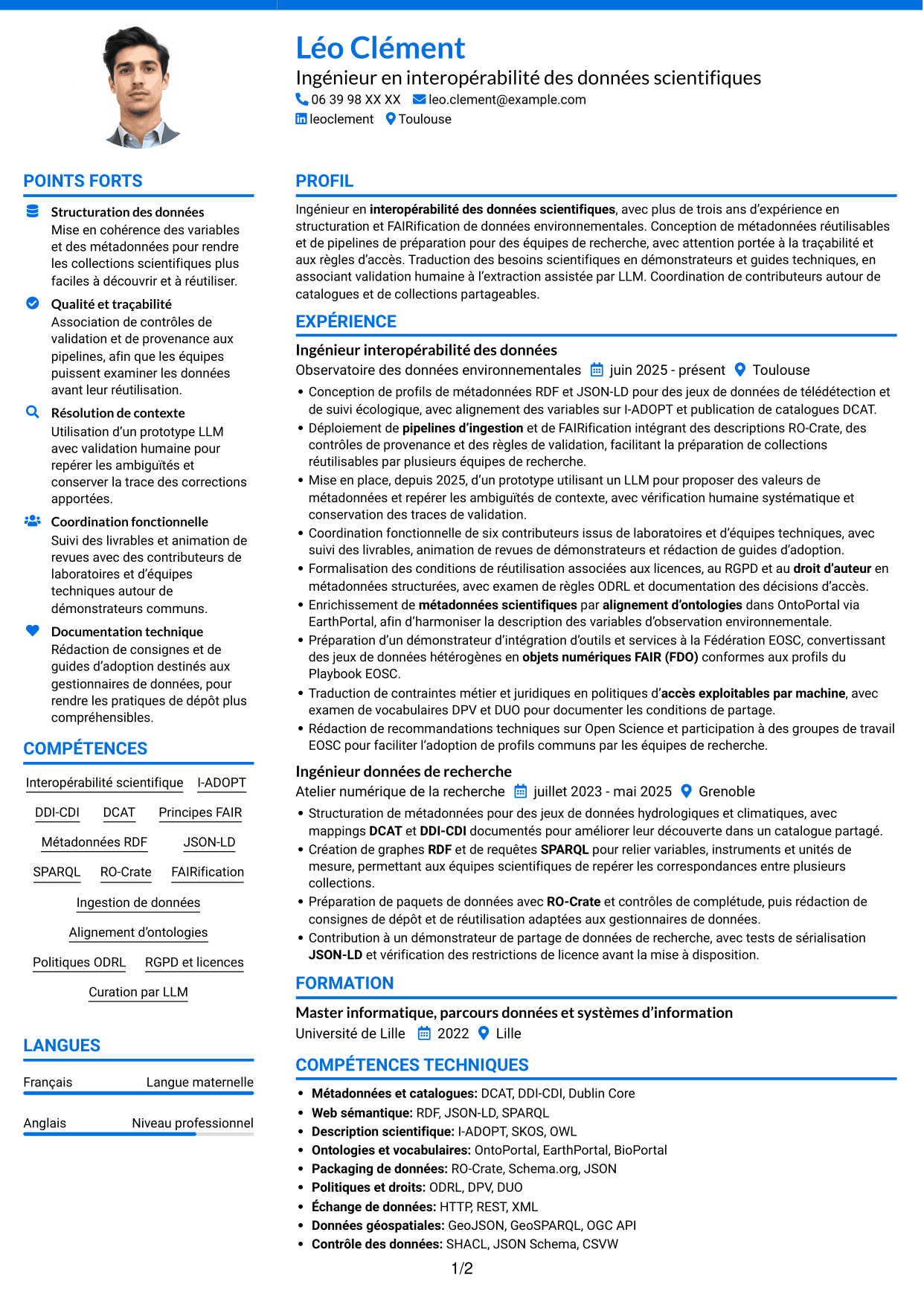 CV Audacieux (format à deux colonnes avec accents colorés et photo) : Ingénieur de recherche - Interopérabilité des données scientifiques, page 1