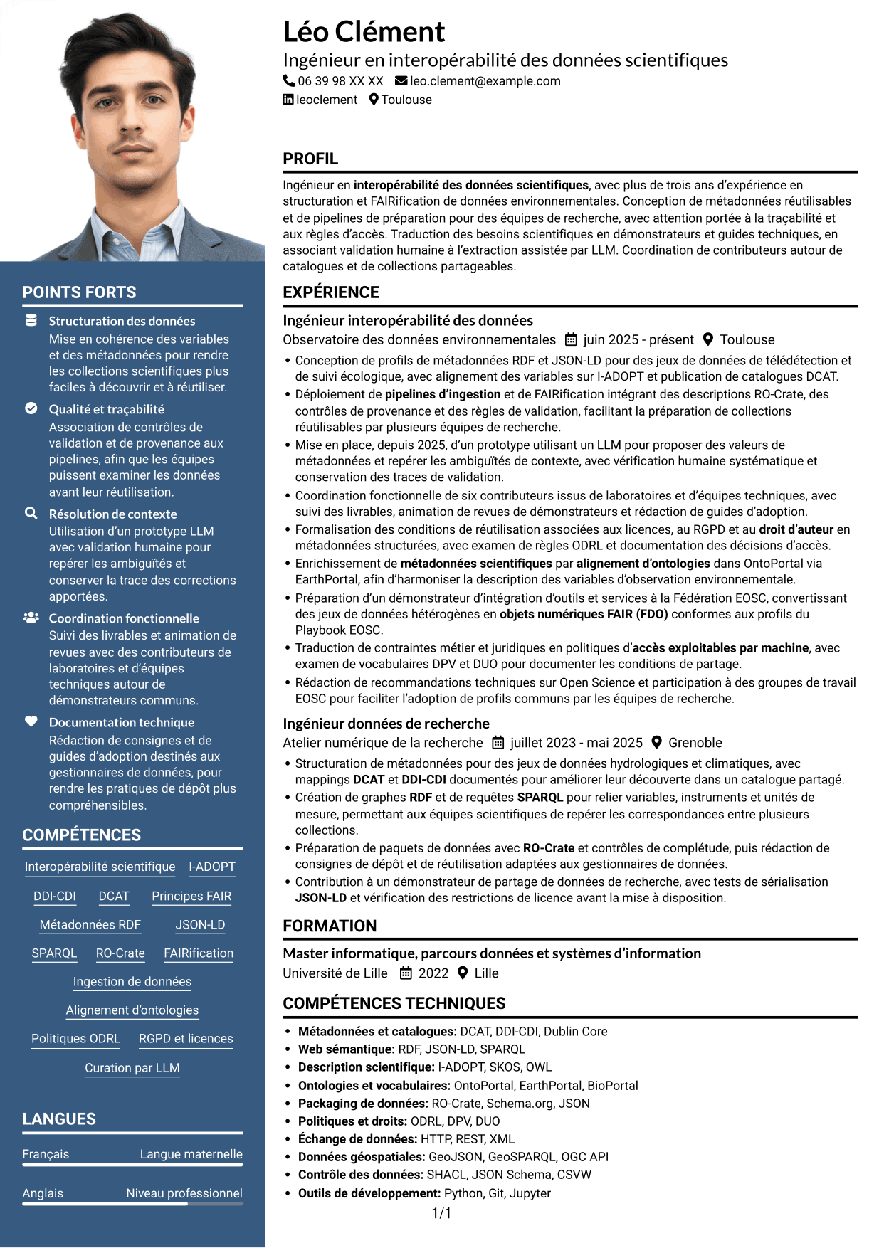 CV Signature (format à colonne latérale colorée avec grande photo) : Ingénieur de recherche - Interopérabilité des données scientifiques, page 1