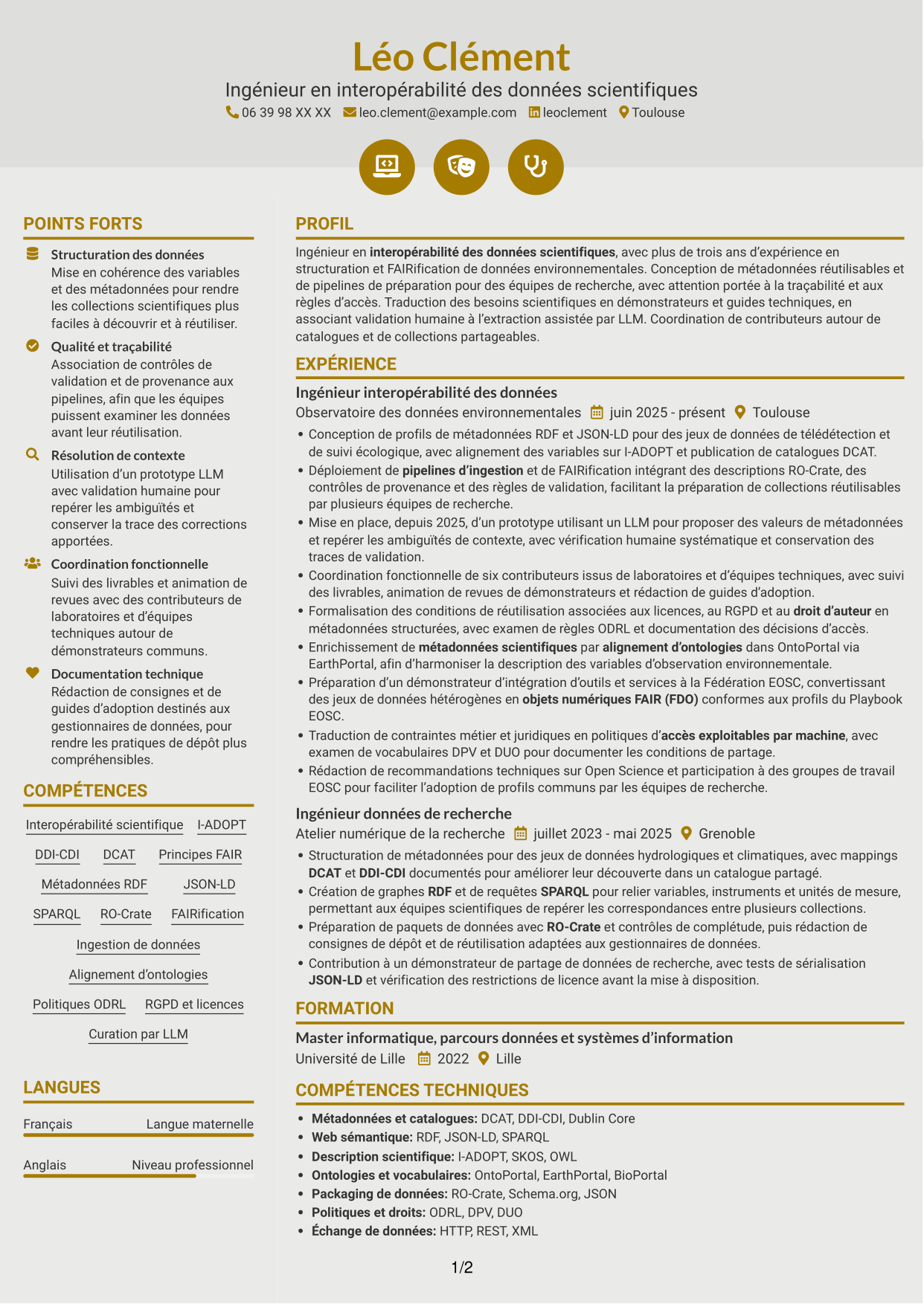 CV Dynamique (format à deux colonnes avec icônes) : Ingénieur de recherche - Interopérabilité des données scientifiques, page 1