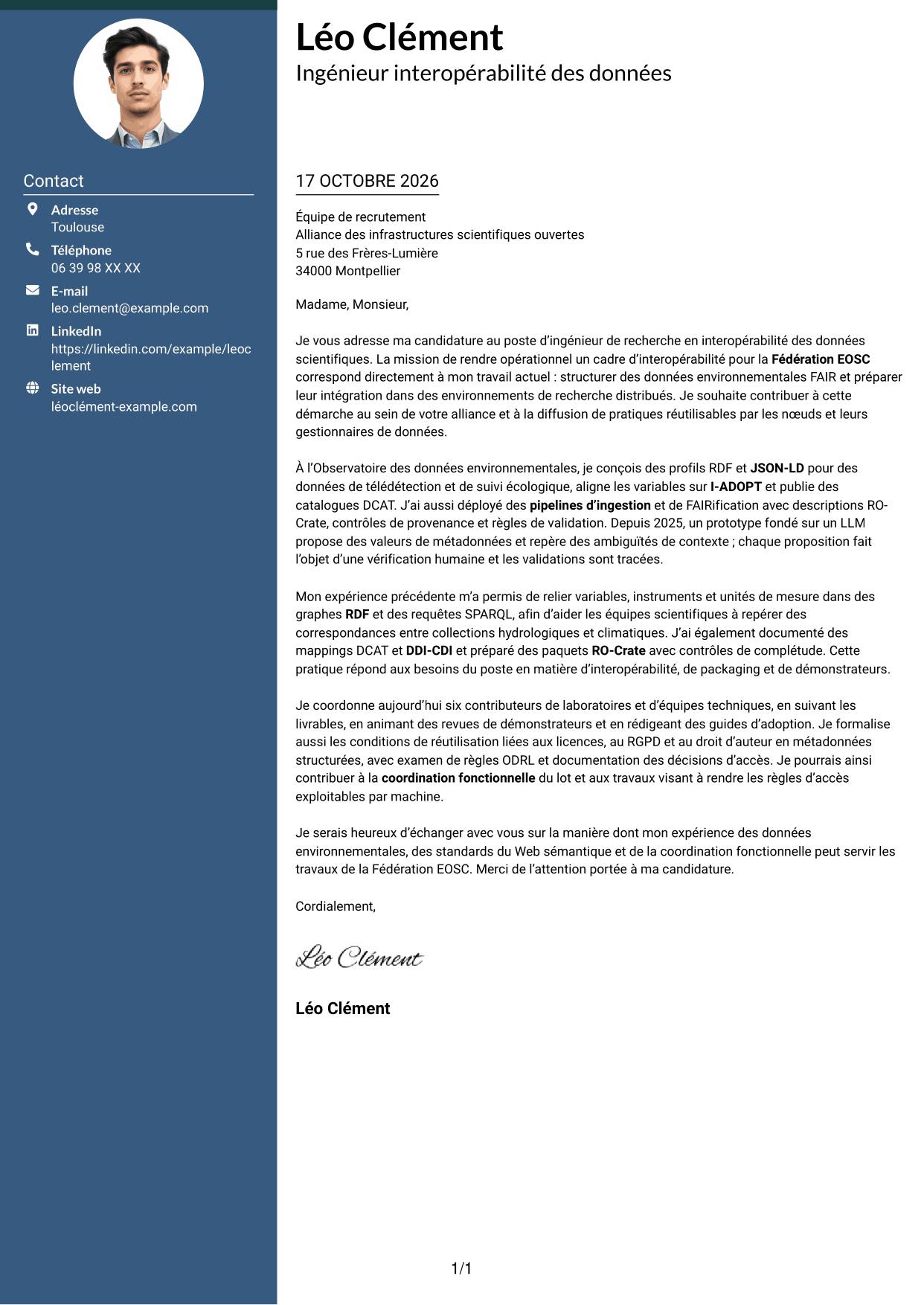 Lettre de motivation Élégant (format à colonne latérale colorée avec photo) : Ingénieur de recherche - Interopérabilité des données scientifiques, page 1