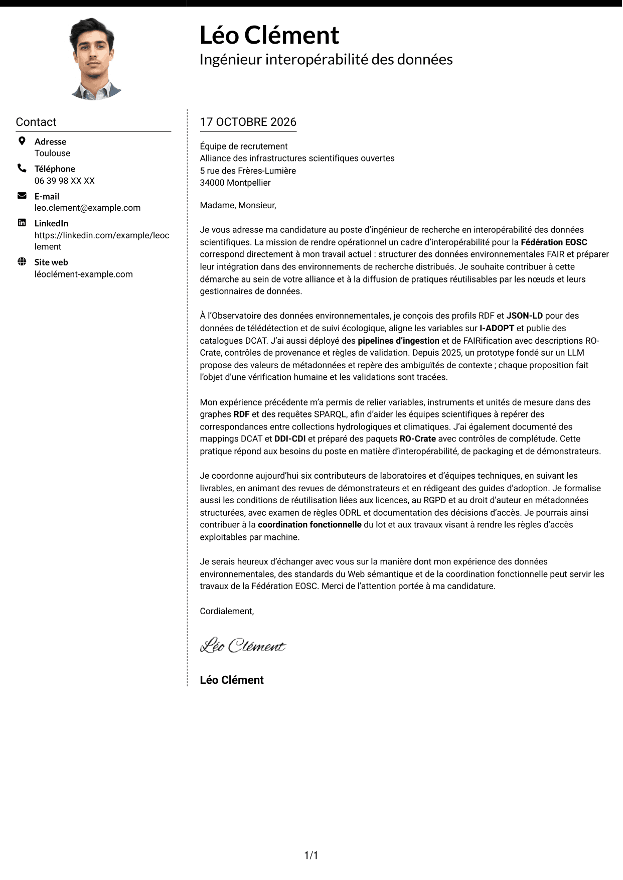 Lettre de motivation Moderne (format à deux colonnes avec photo à gauche et séparateur) : Ingénieur de recherche - Interopérabilité des données scientifiques, page 1