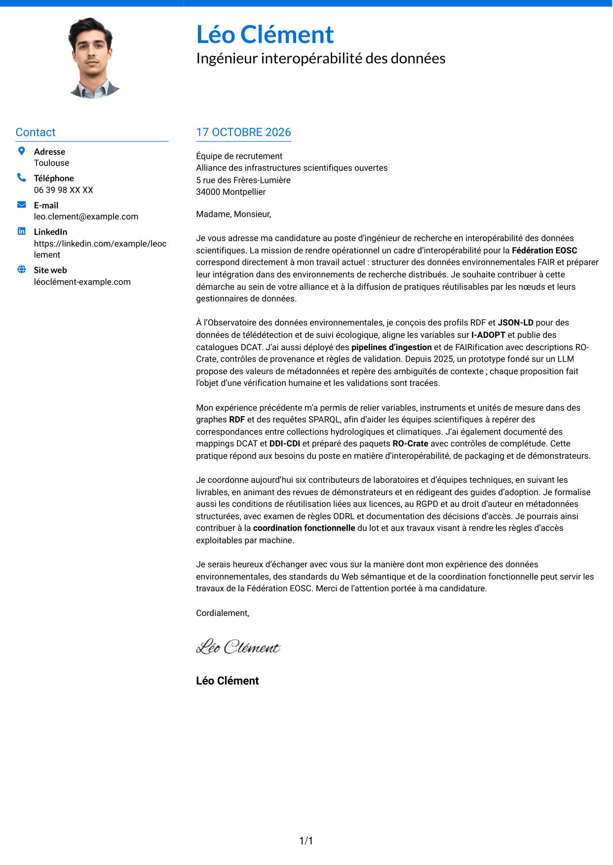 Lettre de motivation Audacieux (format à deux colonnes avec accents colorés et photo) : Ingénieur de recherche - Interopérabilité des données scientifiques, page 1