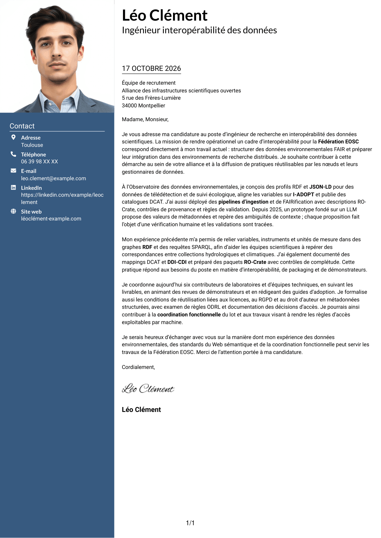 Lettre de motivation Signature (format à colonne latérale colorée avec grande photo) : Ingénieur de recherche - Interopérabilité des données scientifiques, page 1