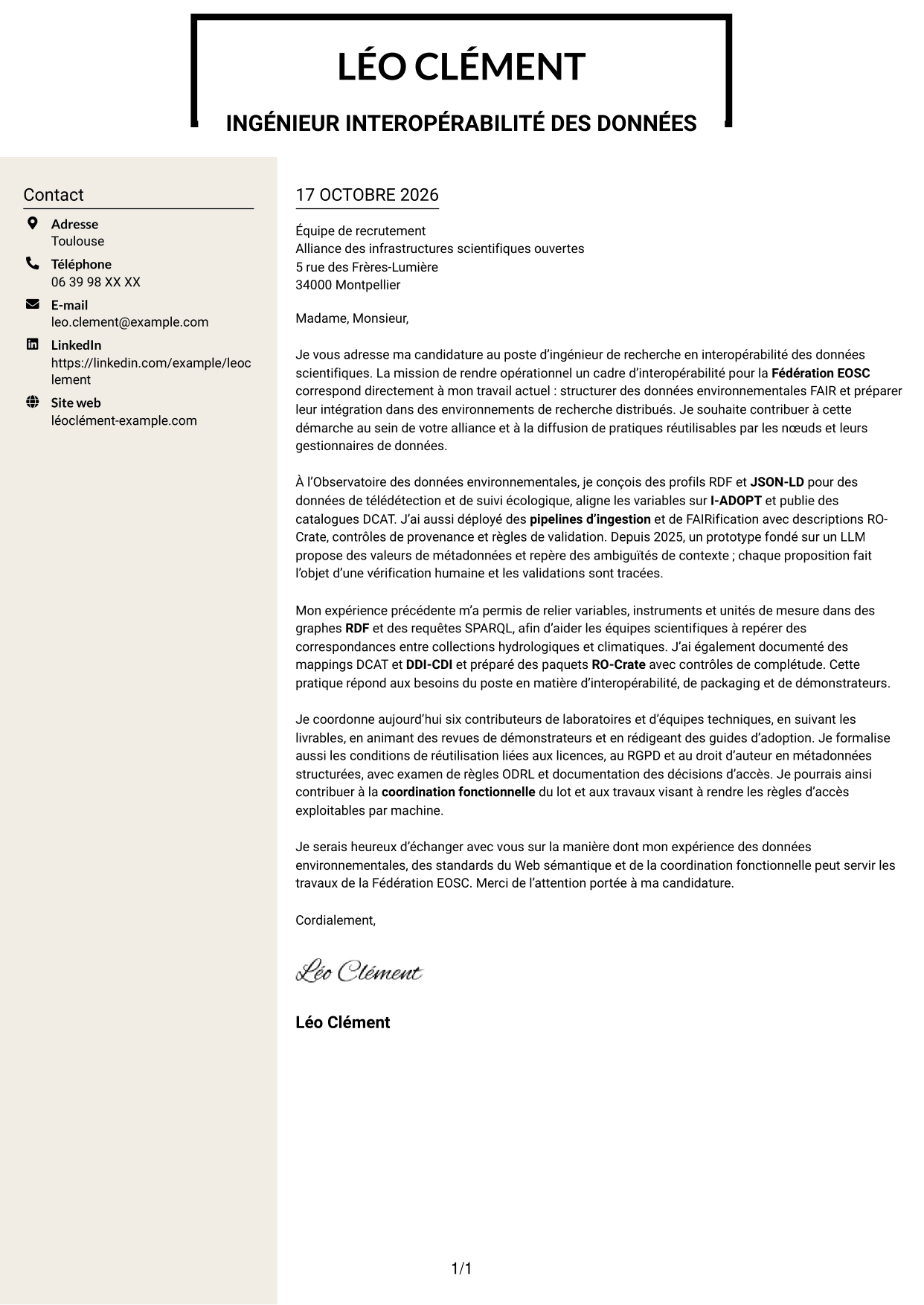 Lettre de motivation Fonceur (format à deux colonnes avec en-tête centré sans photo) : Ingénieur de recherche - Interopérabilité des données scientifiques, page 1