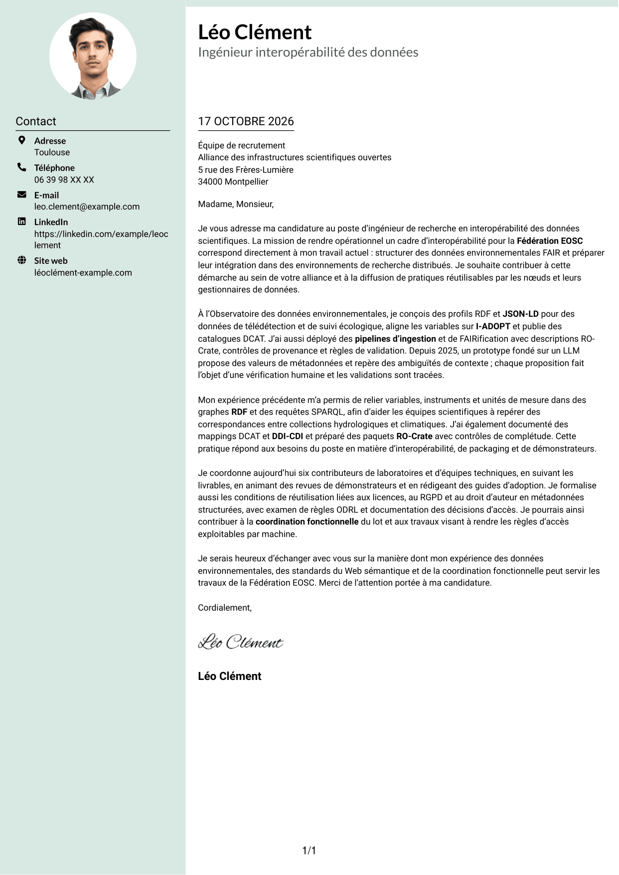 Lettre de motivation Cadre (format à colonne latérale douce avec photo arrondie) : Ingénieur de recherche - Interopérabilité des données scientifiques, page 1