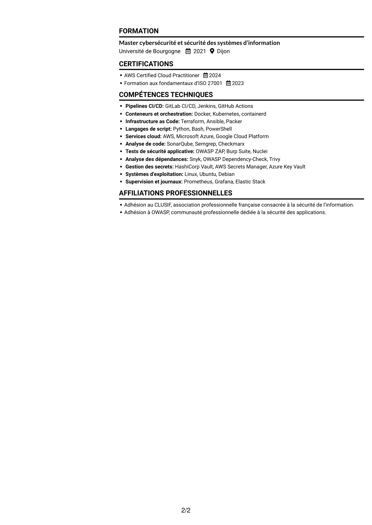 CV Compact (format sobre à deux colonnes avec photo) : Ingénieur DevSecOps - Cybersécurité, page 2