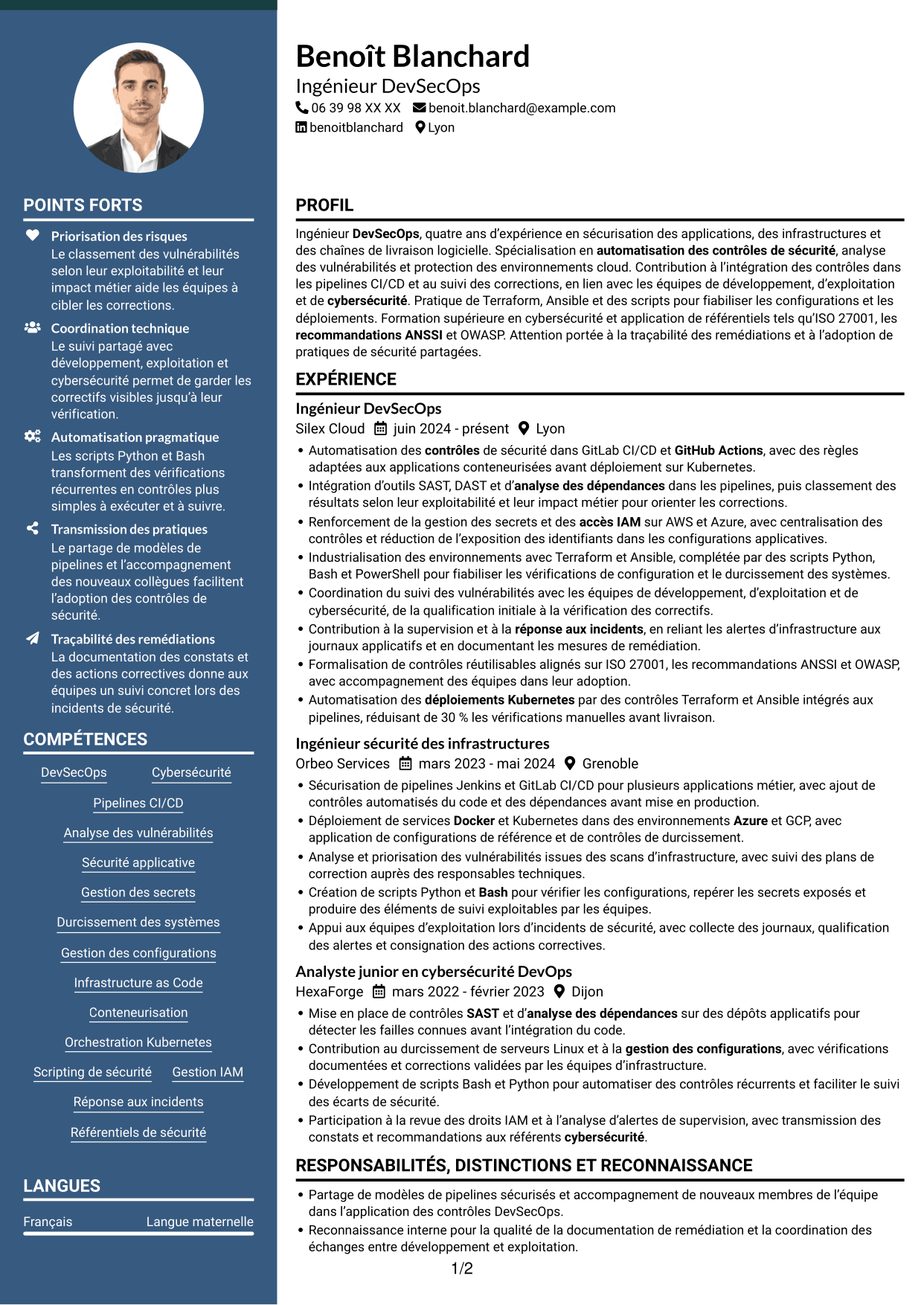 CV Élégant (format à colonne latérale colorée avec photo) : Ingénieur DevSecOps - Cybersécurité, page 1