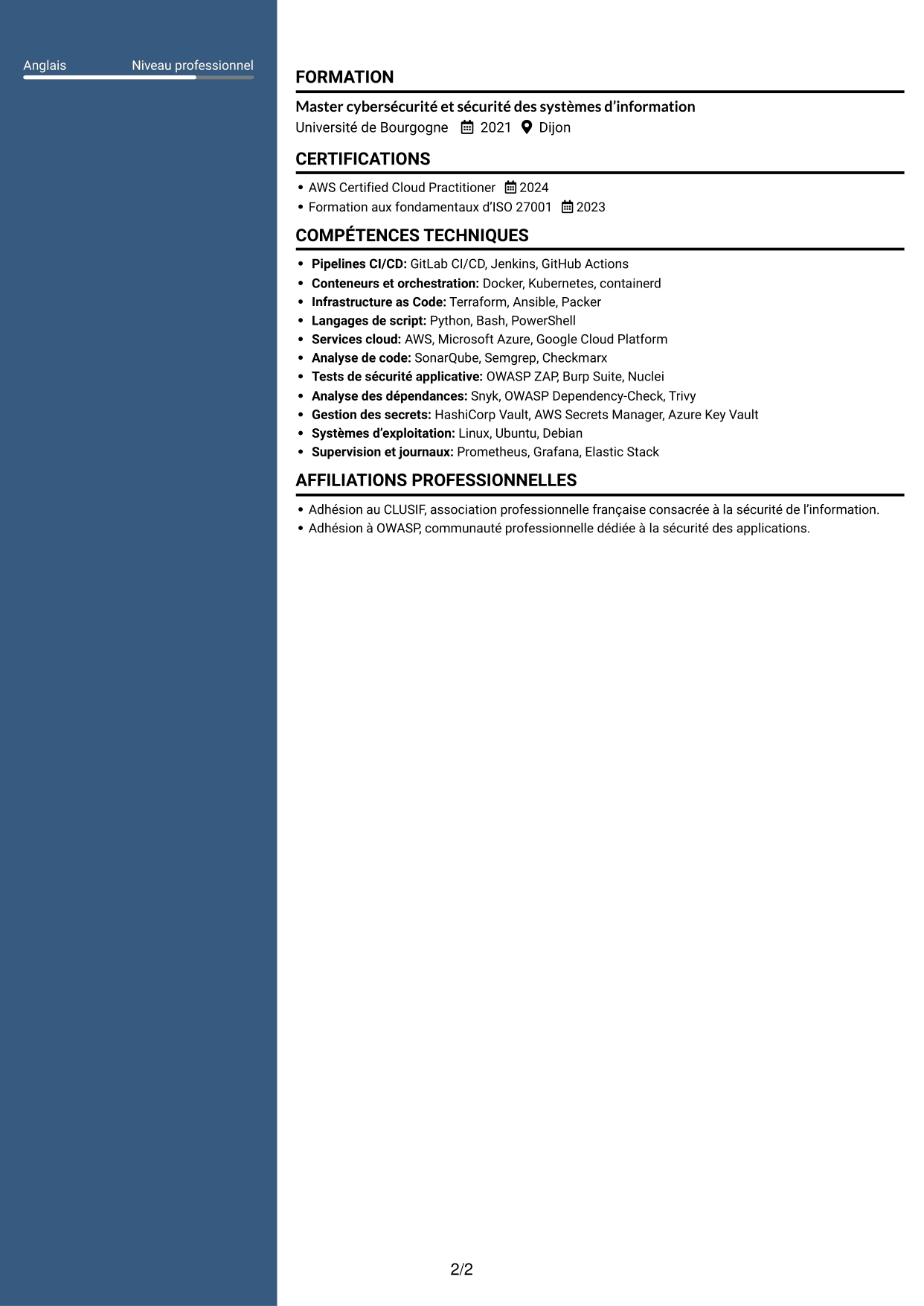 CV Élégant (format à colonne latérale colorée avec photo) : Ingénieur DevSecOps - Cybersécurité, page 2