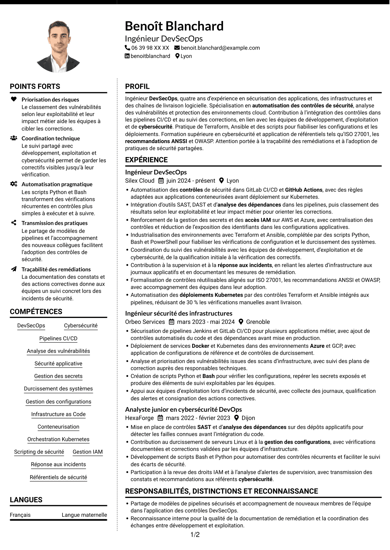 CV Moderne (format à deux colonnes avec photo à gauche et séparateur) : Ingénieur DevSecOps - Cybersécurité, page 1