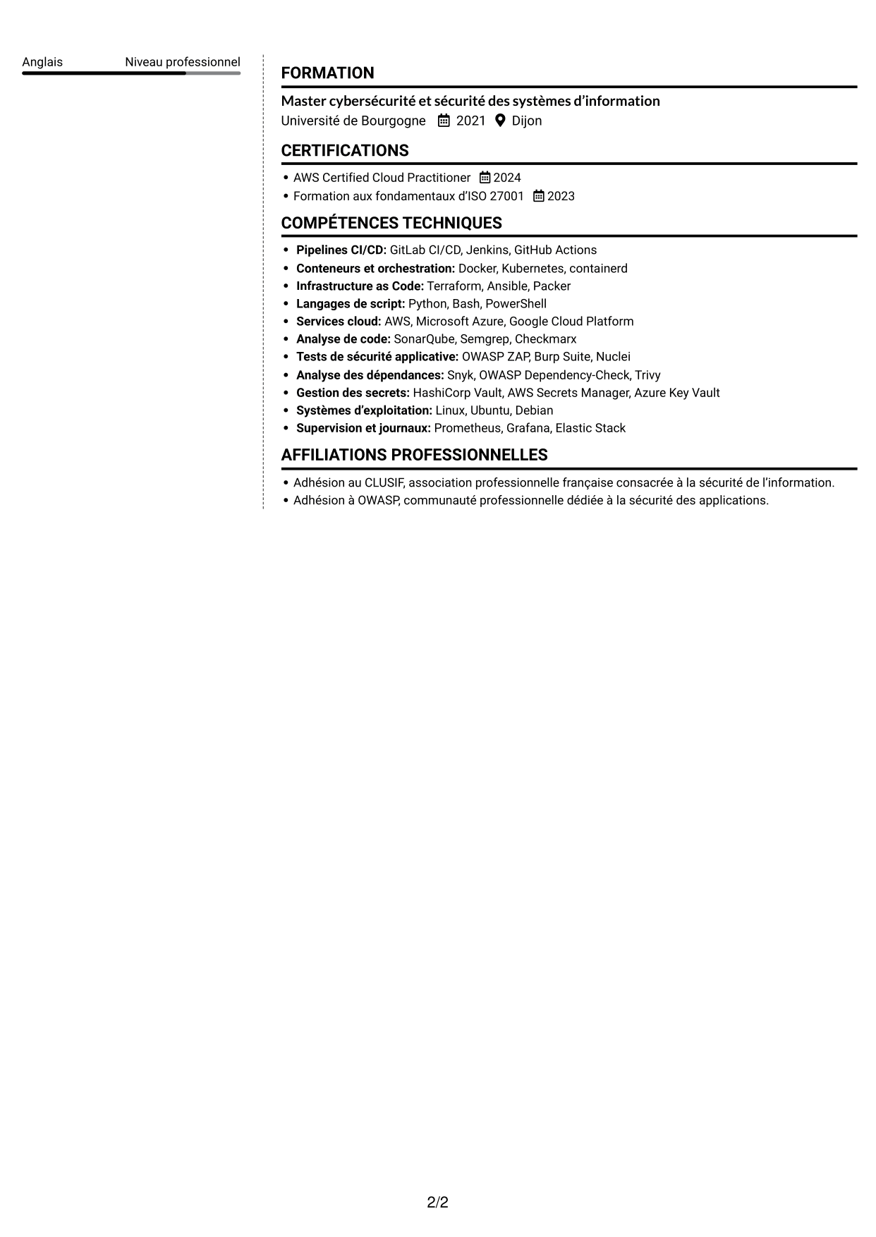 CV Moderne (format à deux colonnes avec photo à gauche et séparateur) : Ingénieur DevSecOps - Cybersécurité, page 2