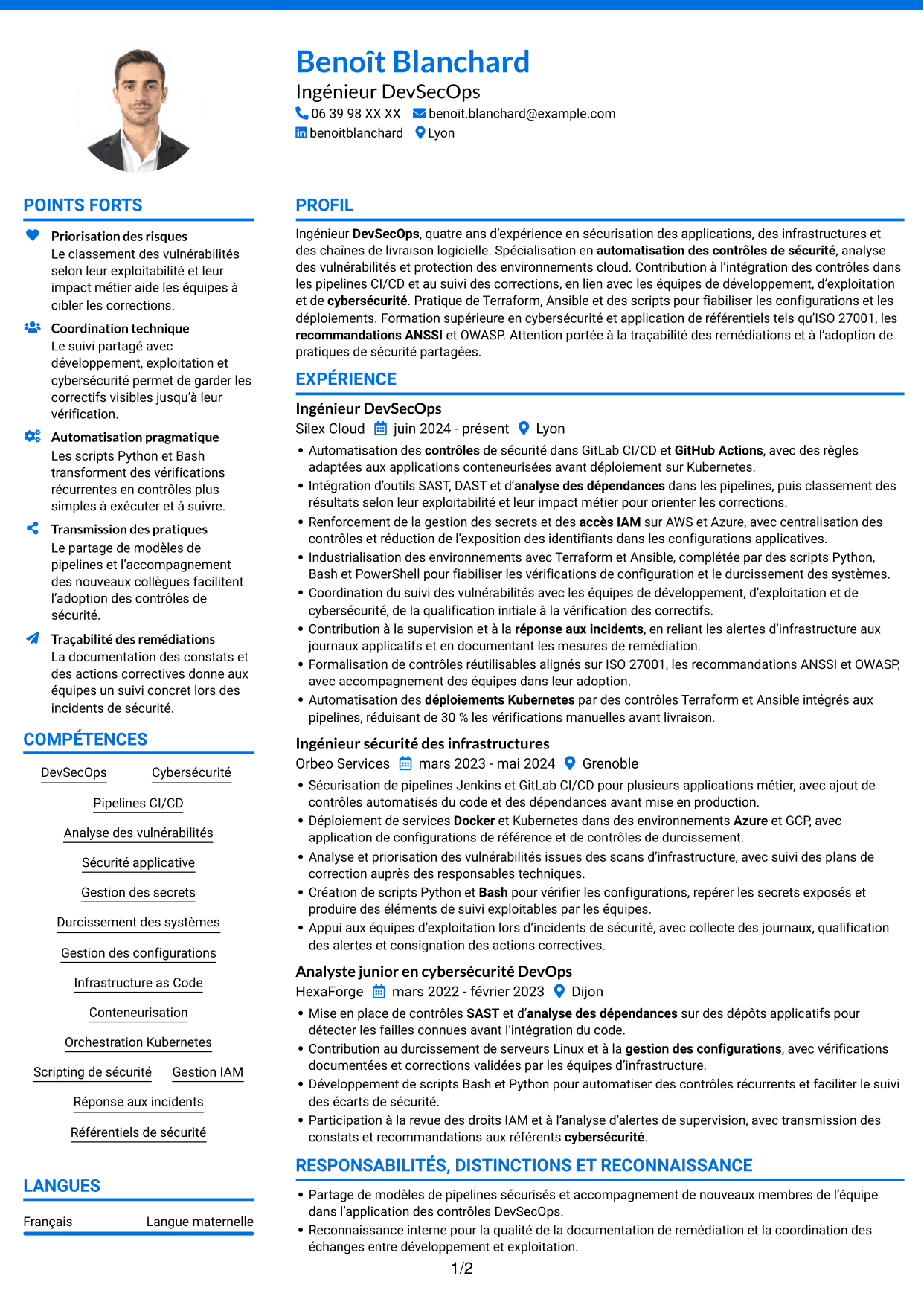 CV Audacieux (format à deux colonnes avec accents colorés et photo) : Ingénieur DevSecOps - Cybersécurité, page 1