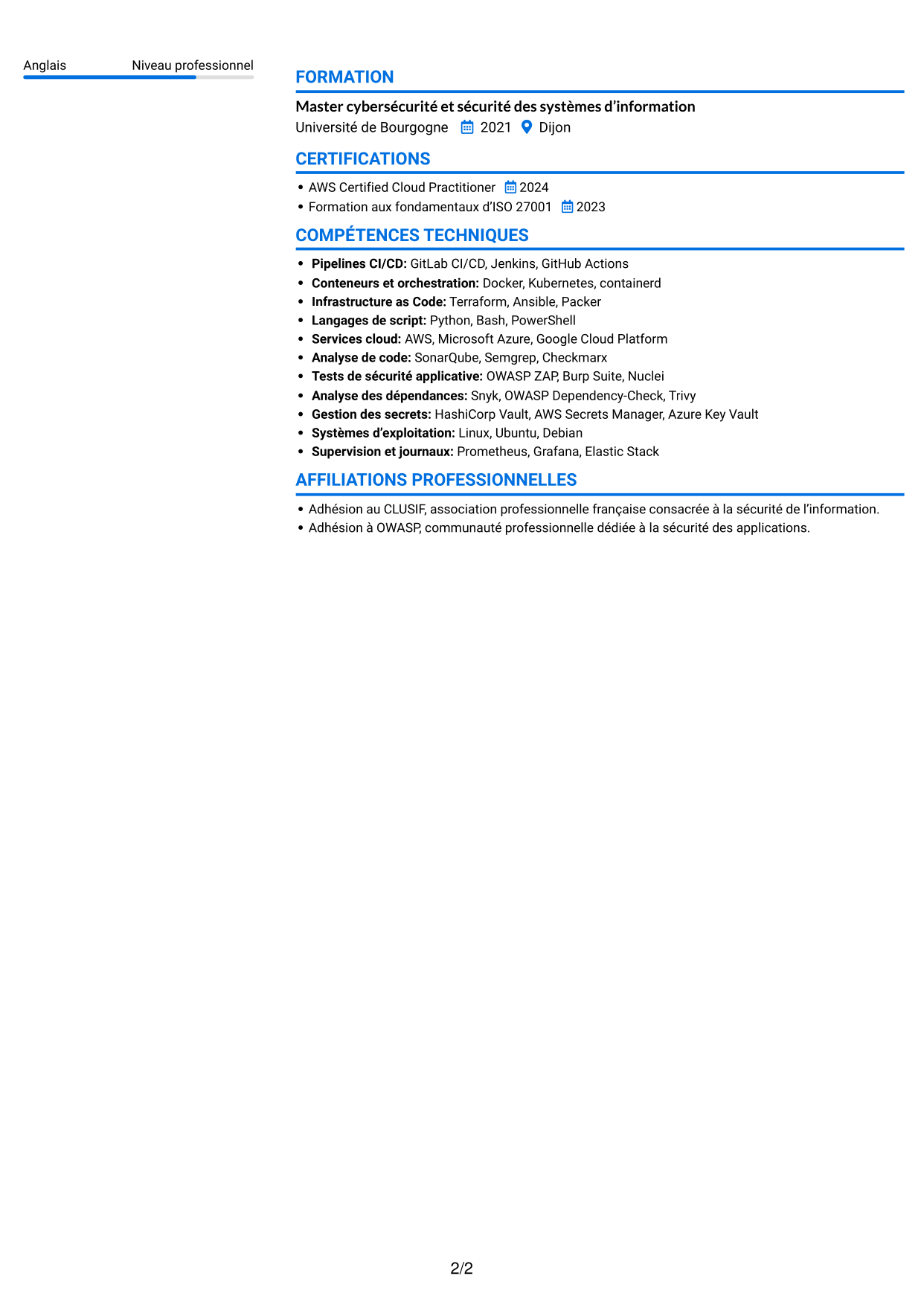 CV Audacieux (format à deux colonnes avec accents colorés et photo) : Ingénieur DevSecOps - Cybersécurité, page 2