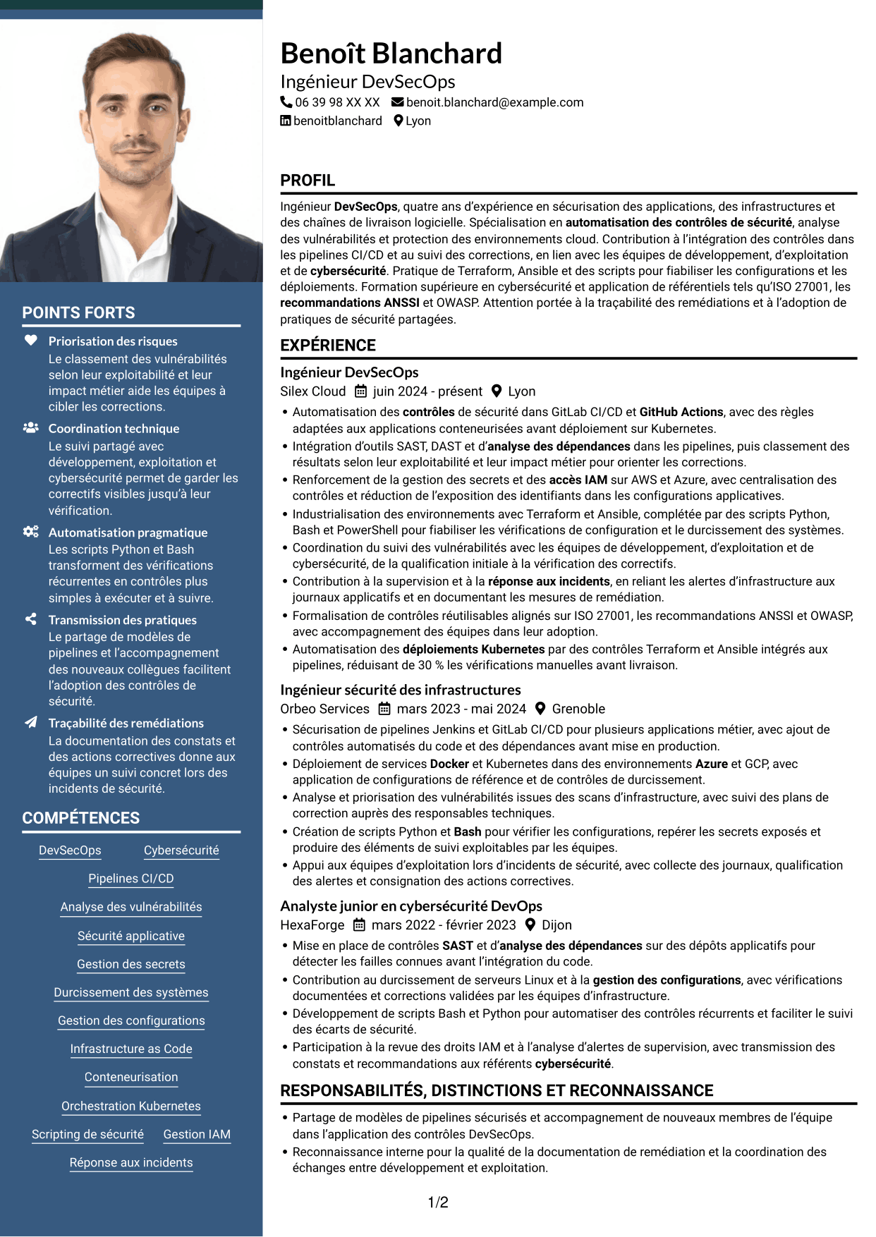 CV Signature (format à colonne latérale colorée avec grande photo) : Ingénieur DevSecOps - Cybersécurité, page 1