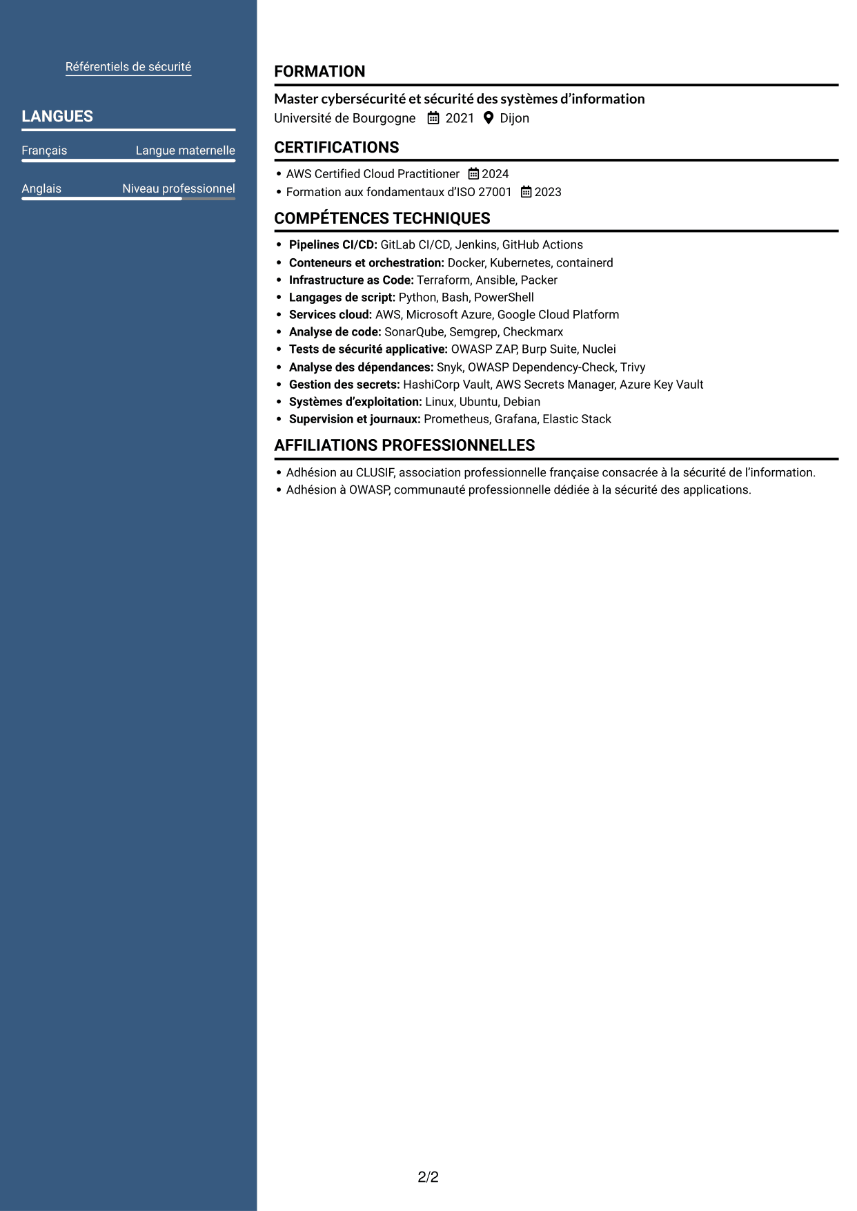 CV Signature (format à colonne latérale colorée avec grande photo) : Ingénieur DevSecOps - Cybersécurité, page 2
