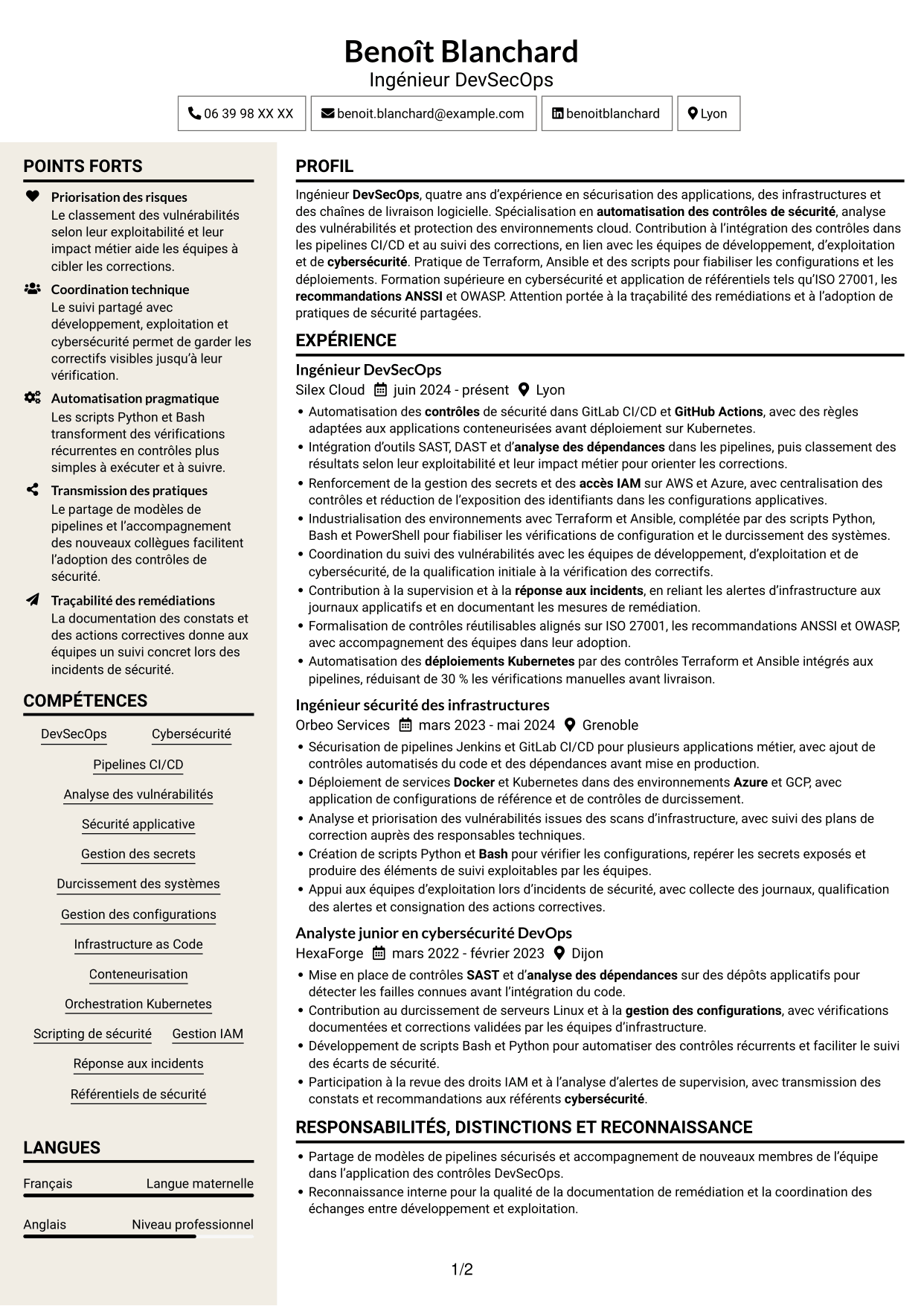 CV Fonceur (format à deux colonnes avec en-tête centré sans photo) : Ingénieur DevSecOps - Cybersécurité, page 1
