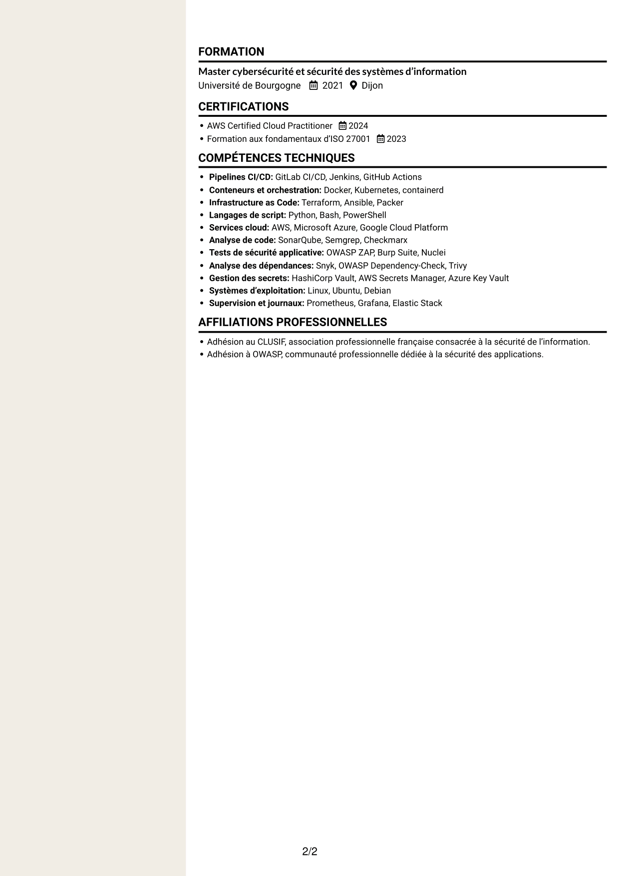 CV Fonceur (format à deux colonnes avec en-tête centré sans photo) : Ingénieur DevSecOps - Cybersécurité, page 2