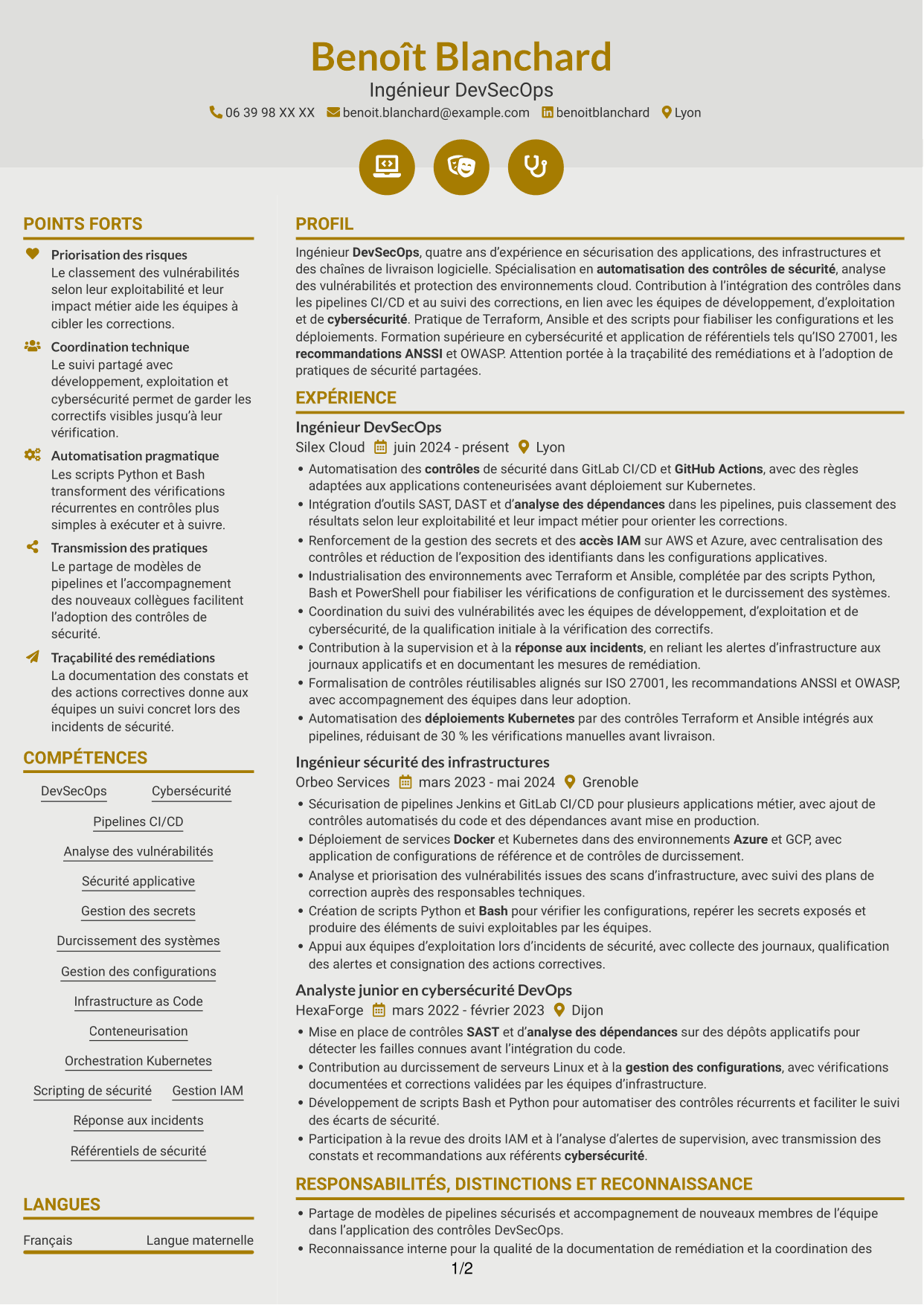 CV Dynamique (format à deux colonnes avec icônes) : Ingénieur DevSecOps - Cybersécurité, page 1