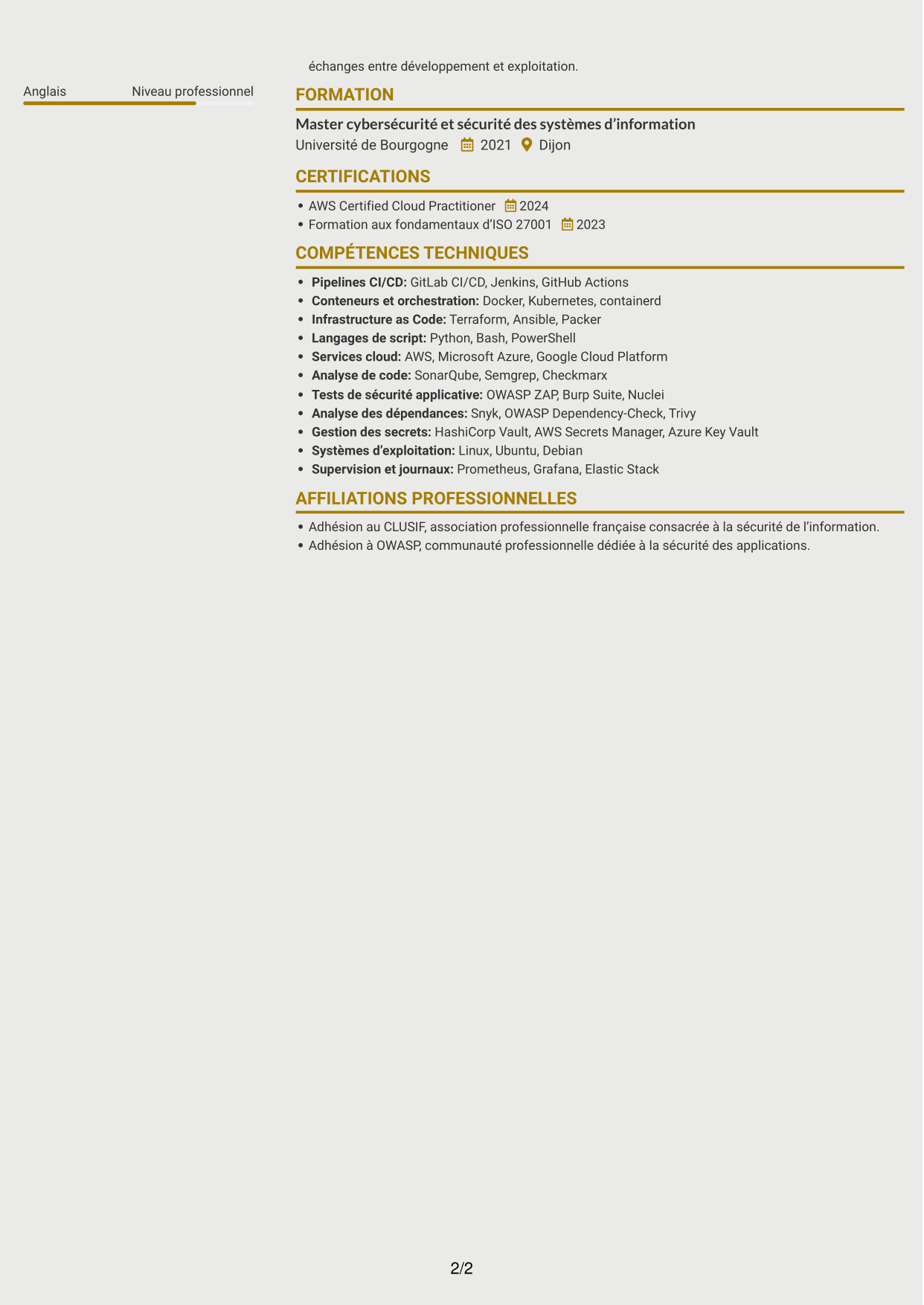 CV Dynamique (format à deux colonnes avec icônes) : Ingénieur DevSecOps - Cybersécurité, page 2