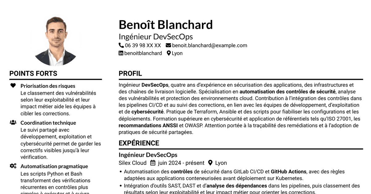 7 modèles de CV pour Ingénieur DevSecOps - Cybersécurité, avec exemples