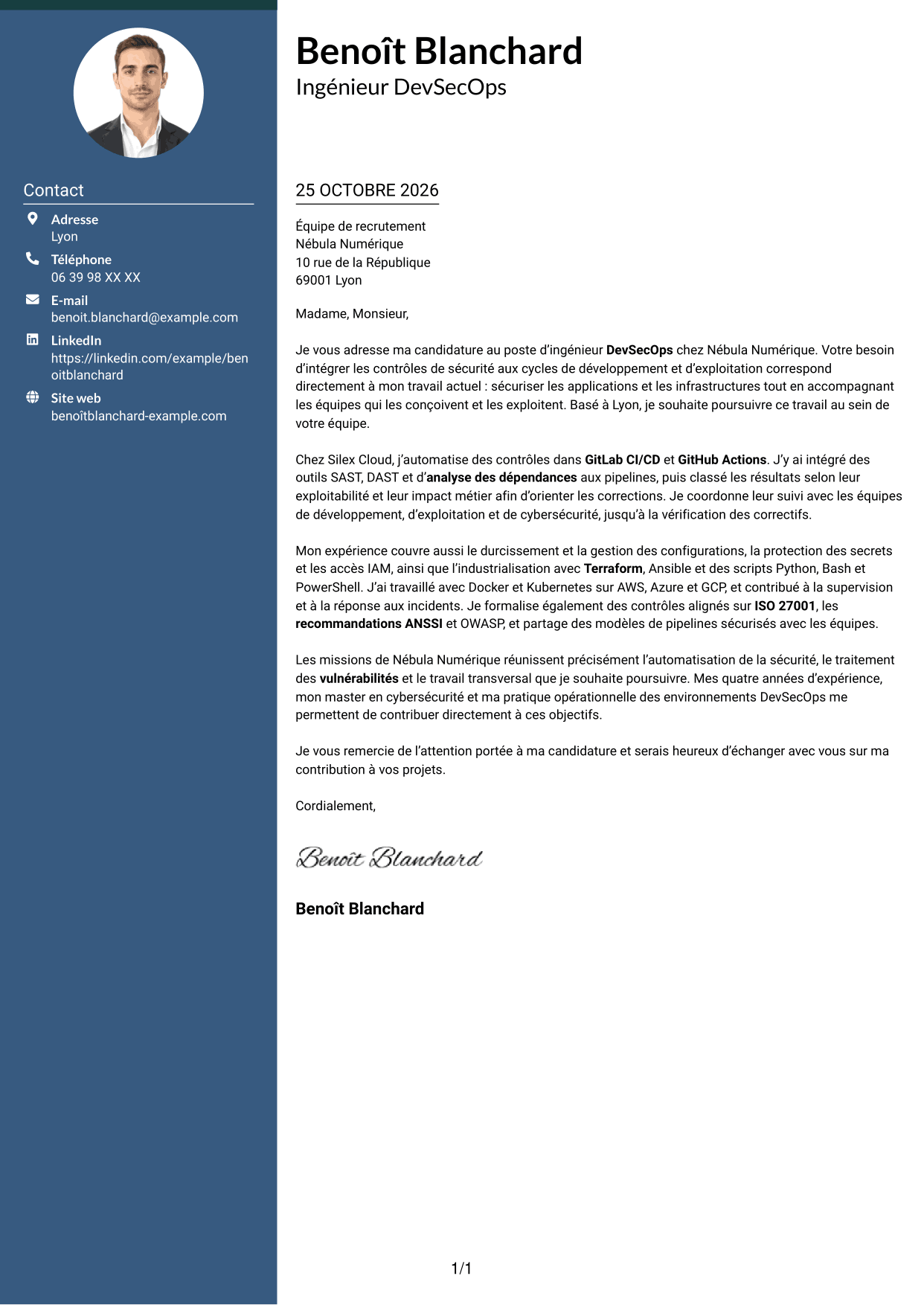 Lettre de motivation Élégant (format à colonne latérale colorée avec photo) : Ingénieur DevSecOps - Cybersécurité, page 1