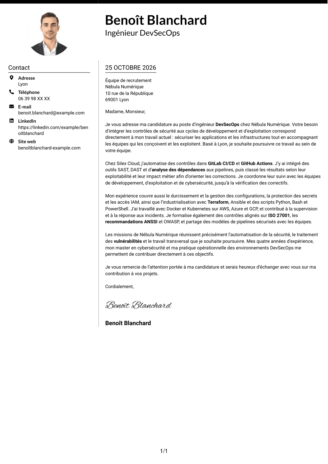 Lettre de motivation Moderne (format à deux colonnes avec photo à gauche et séparateur) : Ingénieur DevSecOps - Cybersécurité, page 1