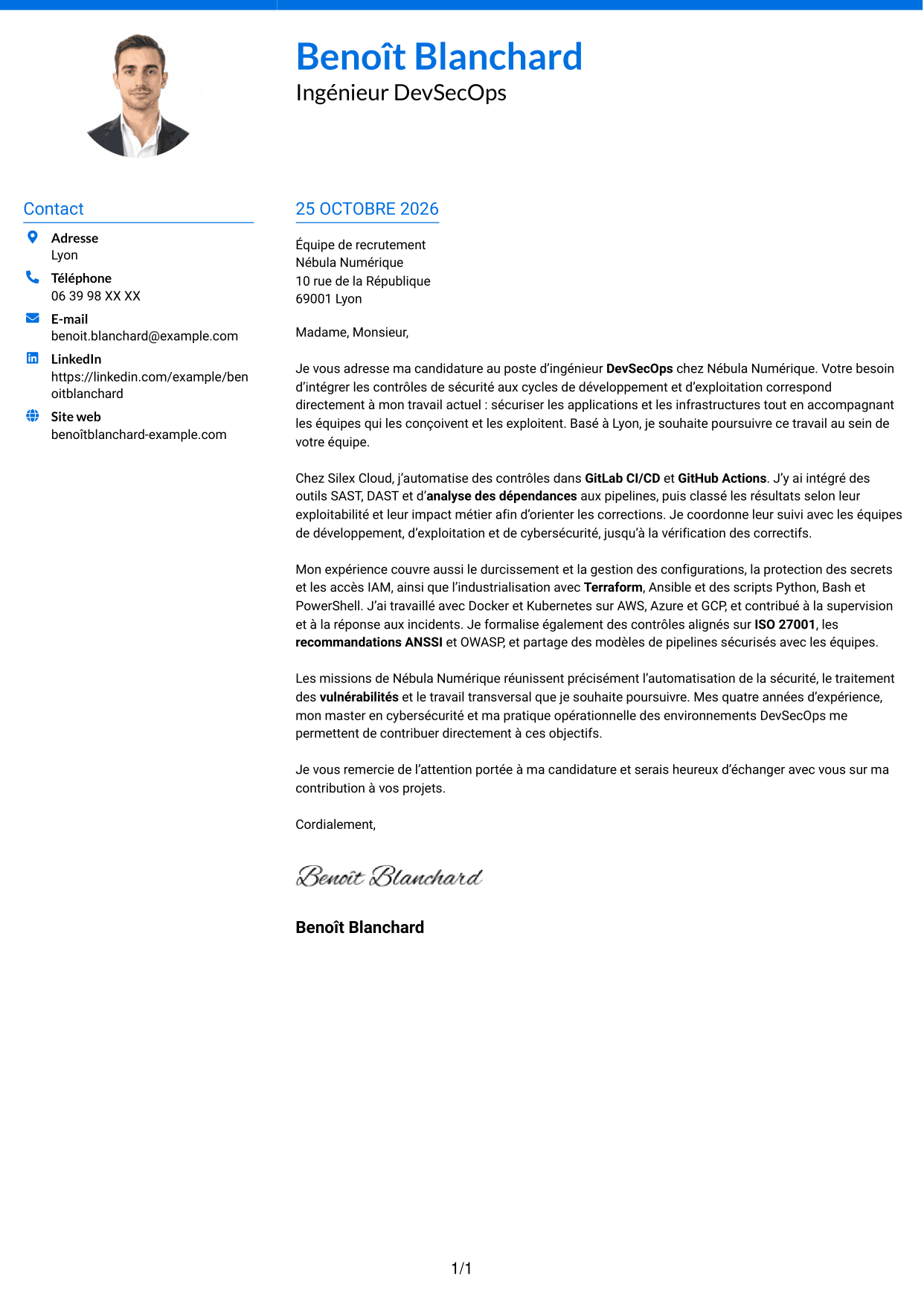 Lettre de motivation Audacieux (format à deux colonnes avec accents colorés et photo) : Ingénieur DevSecOps - Cybersécurité, page 1