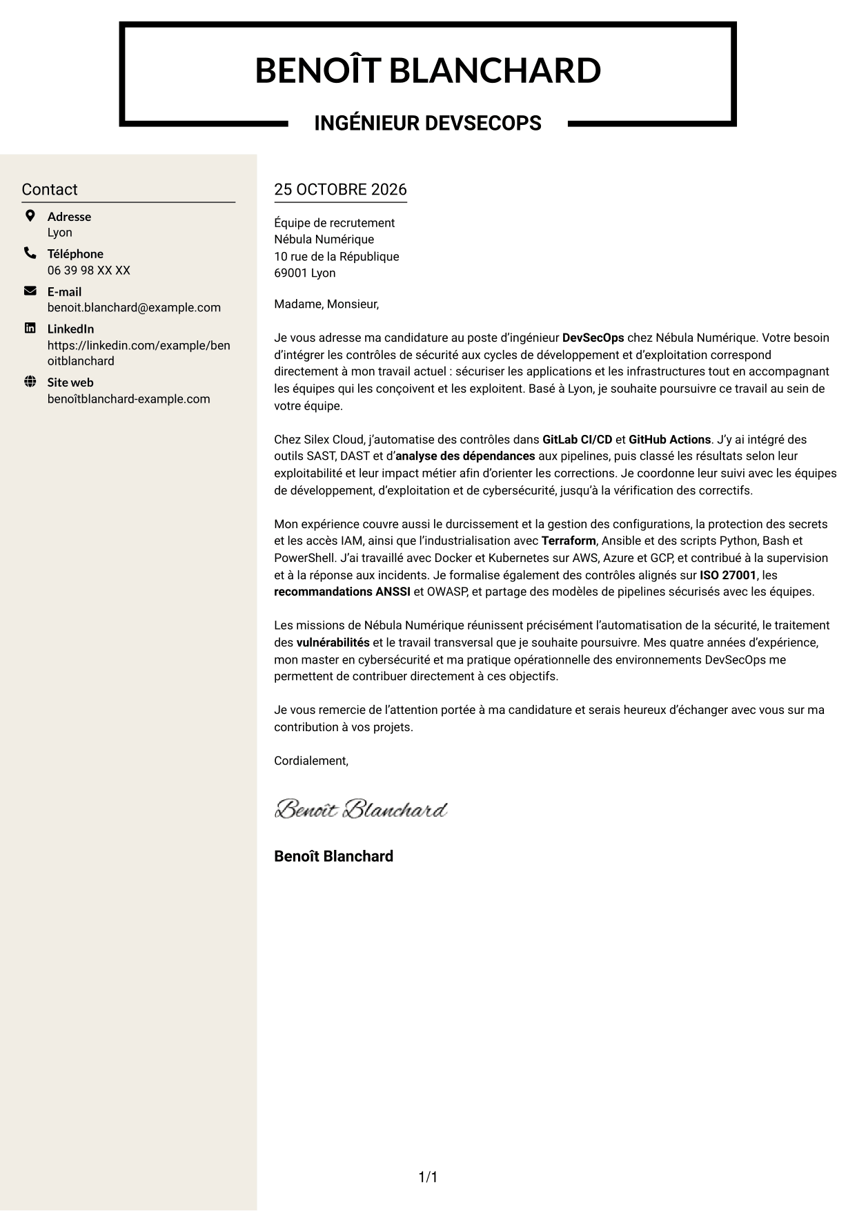 Lettre de motivation Fonceur (format à deux colonnes avec en-tête centré sans photo) : Ingénieur DevSecOps - Cybersécurité, page 1