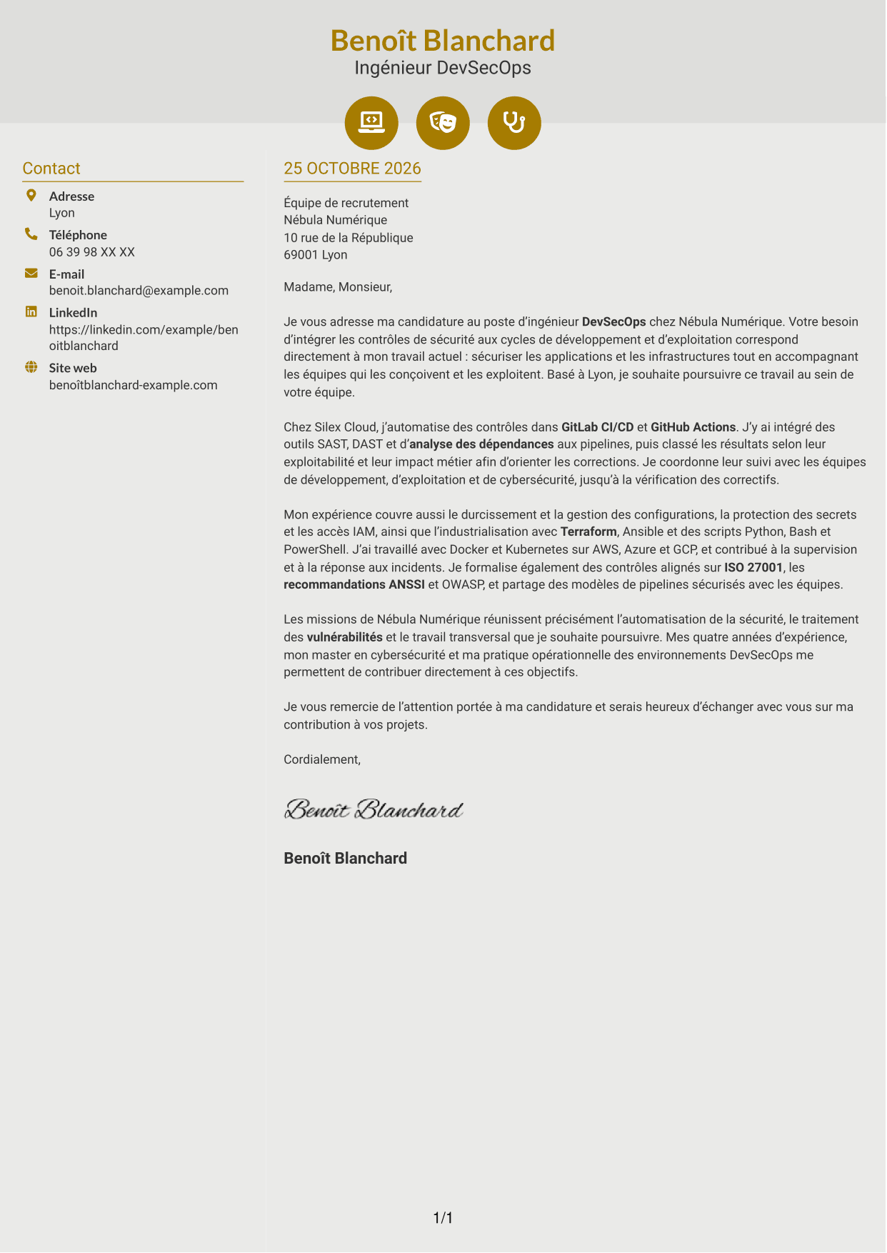 Lettre de motivation Dynamique (format à deux colonnes avec icônes) : Ingénieur DevSecOps - Cybersécurité, page 1