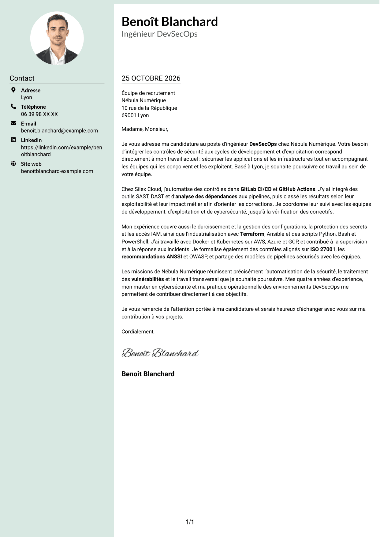 Lettre de motivation Cadre (format à colonne latérale douce avec photo arrondie) : Ingénieur DevSecOps - Cybersécurité, page 1