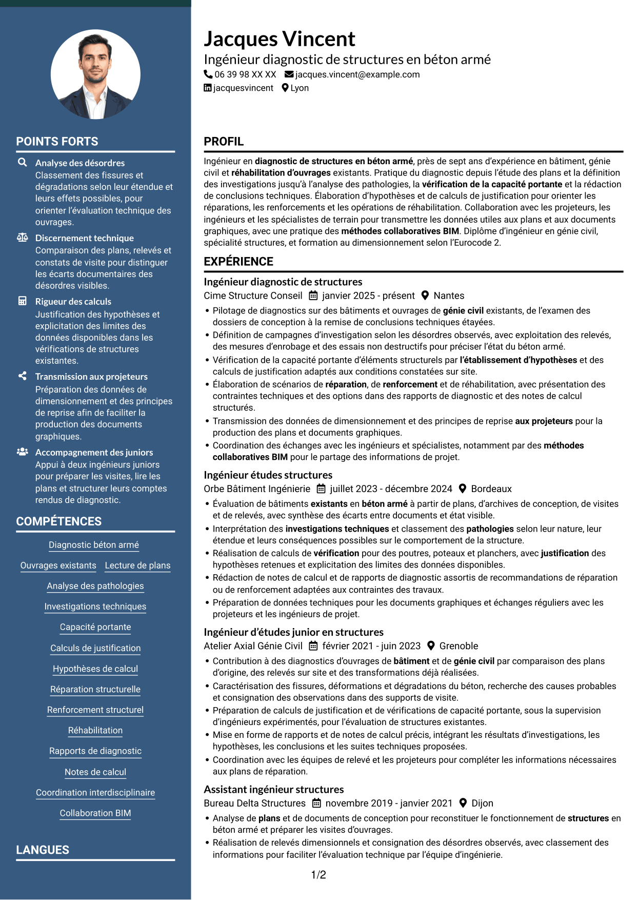 CV Élégant (format à colonne latérale colorée avec photo) : Ingénieur diagnostic de structures en béton armé, page 1