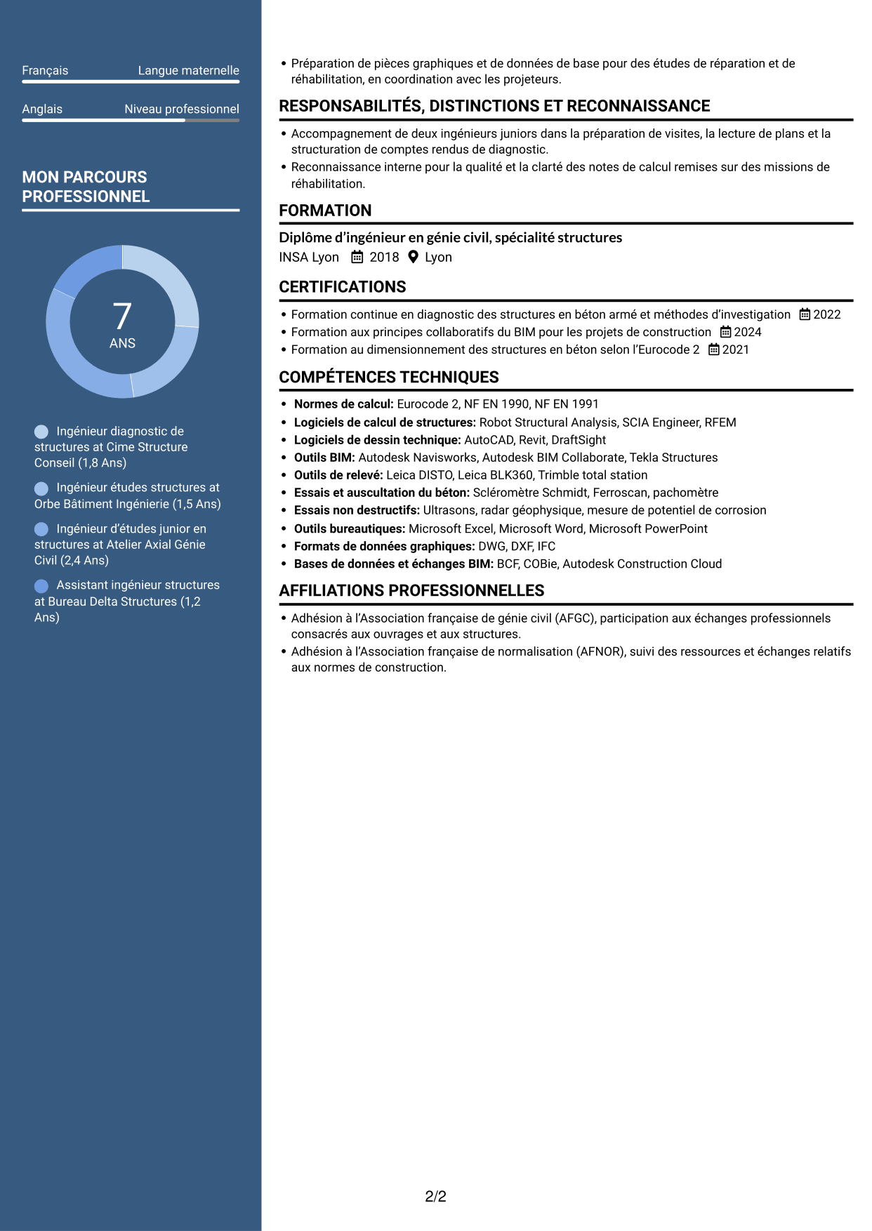 CV Élégant (format à colonne latérale colorée avec photo) : Ingénieur diagnostic de structures en béton armé, page 2