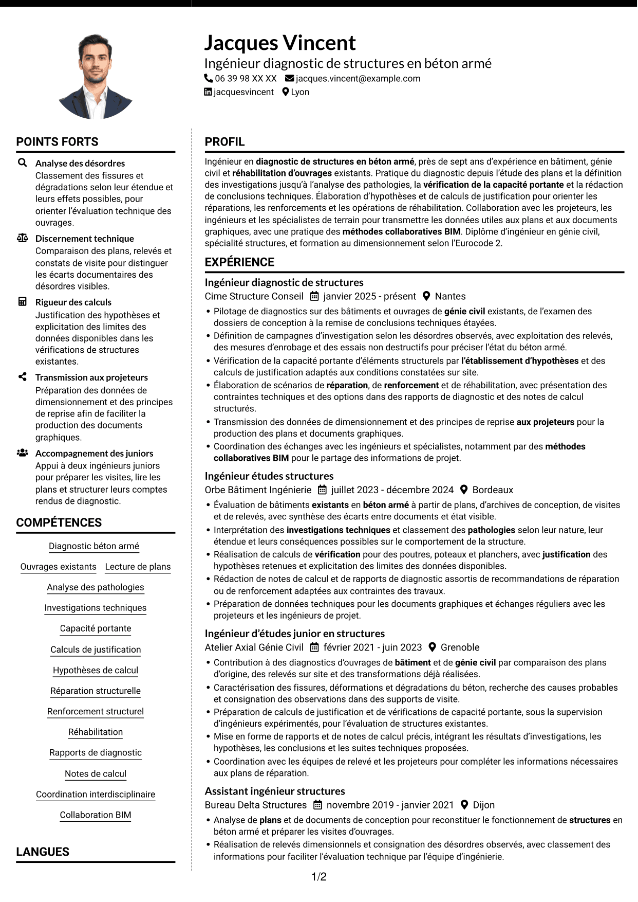 CV Moderne (format à deux colonnes avec photo à gauche et séparateur) : Ingénieur diagnostic de structures en béton armé, page 1