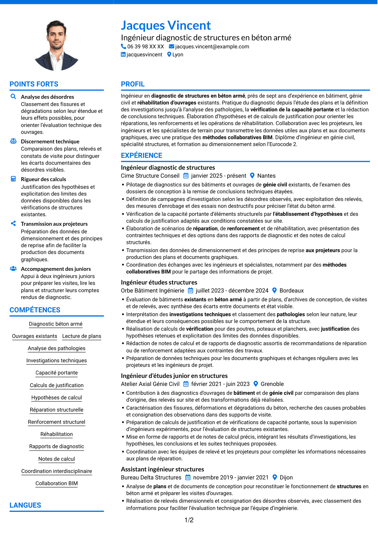 CV Audacieux (format à deux colonnes avec accents colorés et photo) : Ingénieur diagnostic de structures en béton armé, page 1