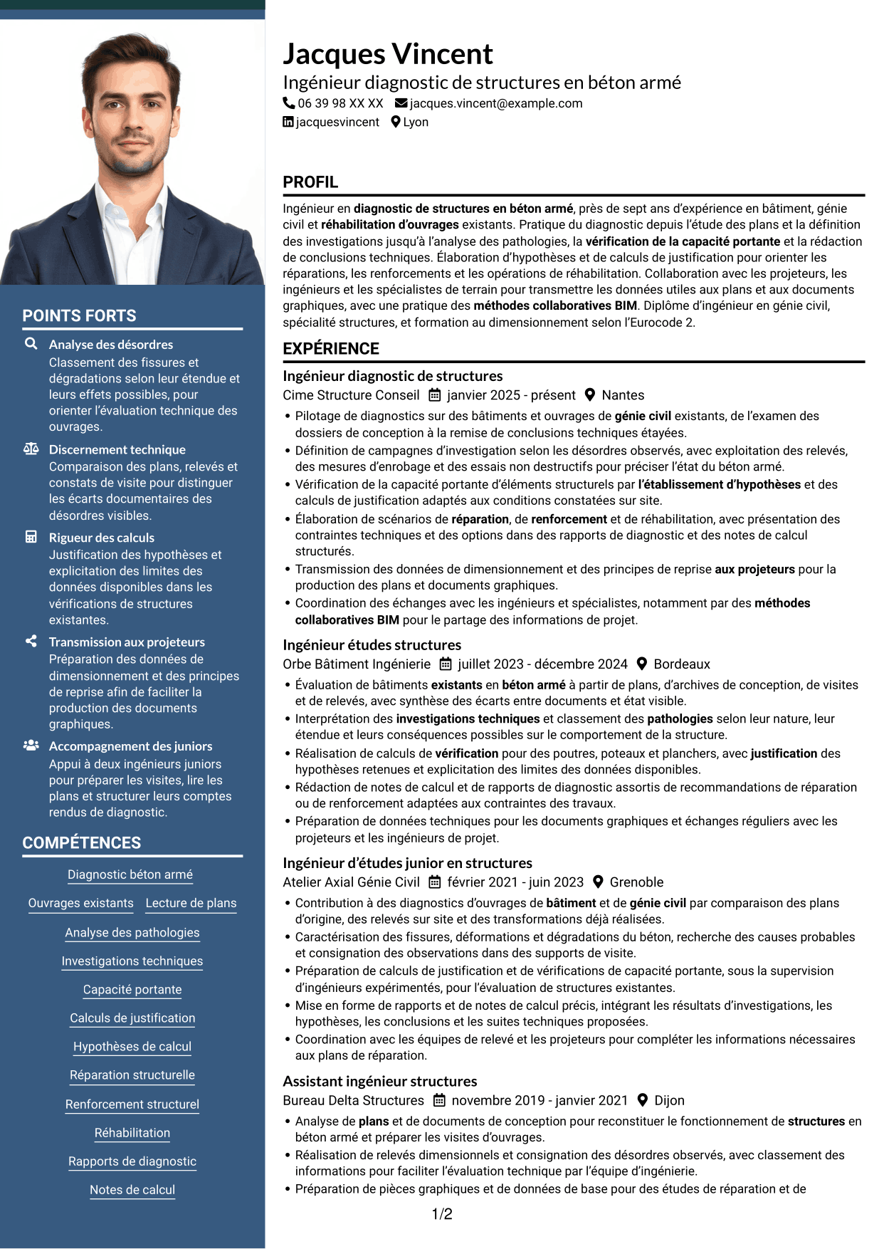 CV Signature (format à colonne latérale colorée avec grande photo) : Ingénieur diagnostic de structures en béton armé, page 1