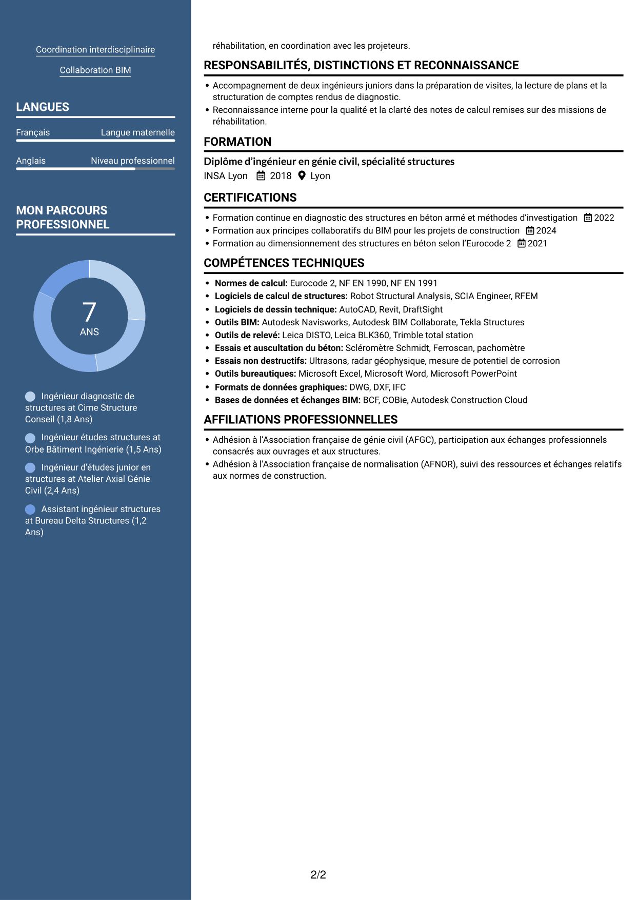 CV Signature (format à colonne latérale colorée avec grande photo) : Ingénieur diagnostic de structures en béton armé, page 2