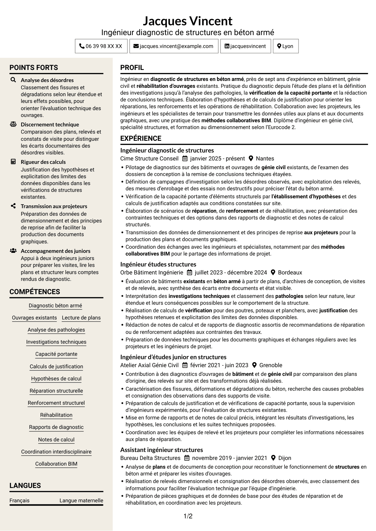 CV Fonceur (format à deux colonnes avec en-tête centré sans photo) : Ingénieur diagnostic de structures en béton armé, page 1