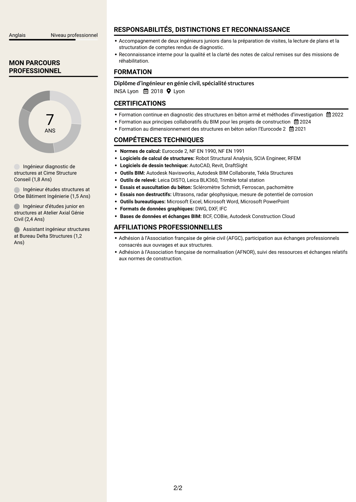 CV Fonceur (format à deux colonnes avec en-tête centré sans photo) : Ingénieur diagnostic de structures en béton armé, page 2