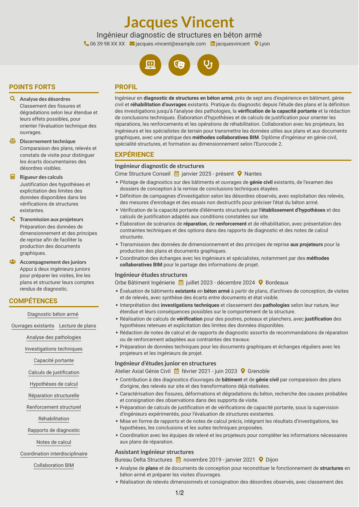 CV Dynamique (format à deux colonnes avec icônes) : Ingénieur diagnostic de structures en béton armé, page 1