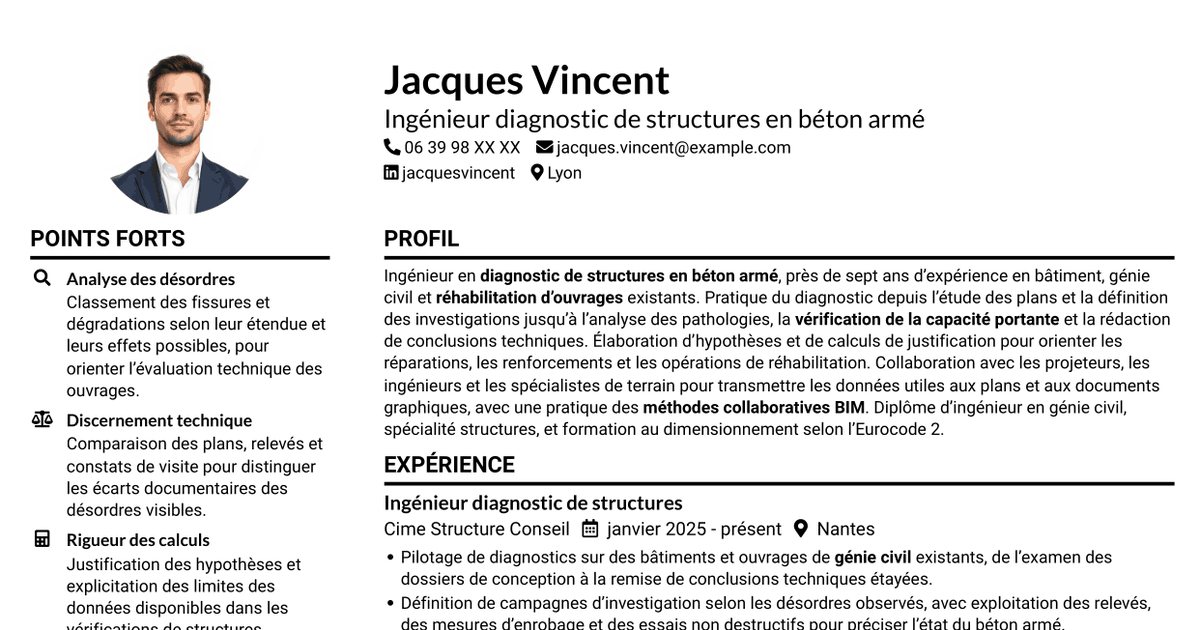 7 modèles de CV pour Ingénieur diagnostic de structures en béton armé, avec exemples