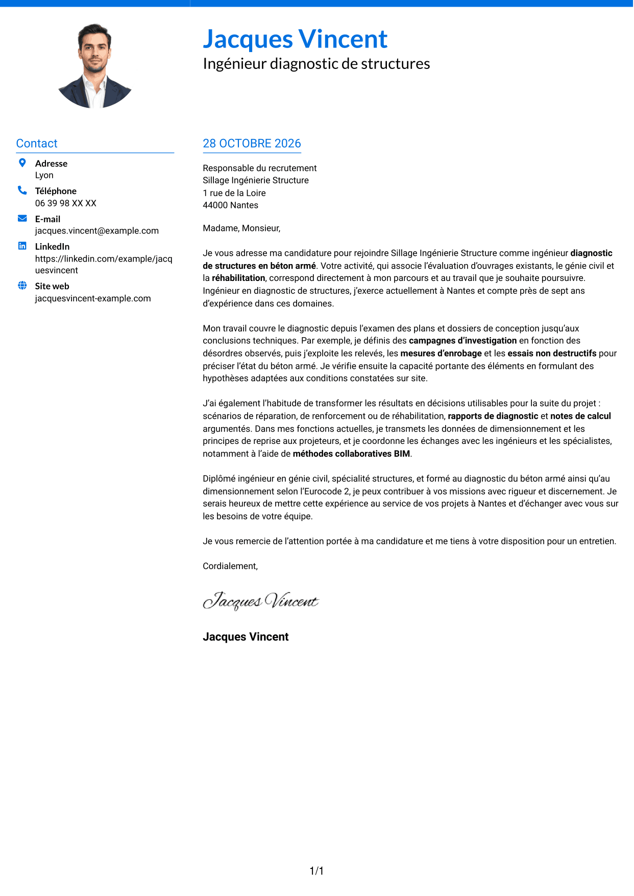 Lettre de motivation Audacieux (format à deux colonnes avec accents colorés et photo) : Ingénieur diagnostic de structures en béton armé, page 1