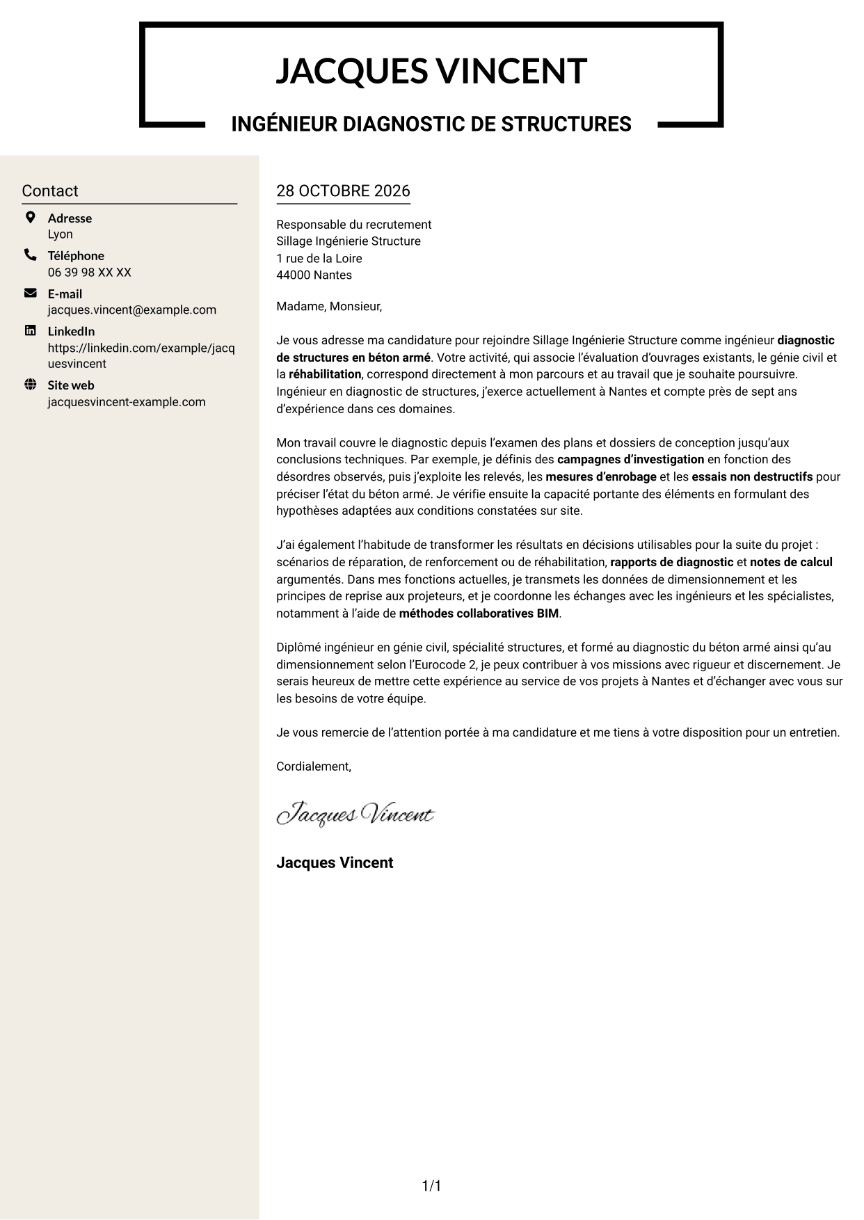 Lettre de motivation Fonceur (format à deux colonnes avec en-tête centré sans photo) : Ingénieur diagnostic de structures en béton armé, page 1